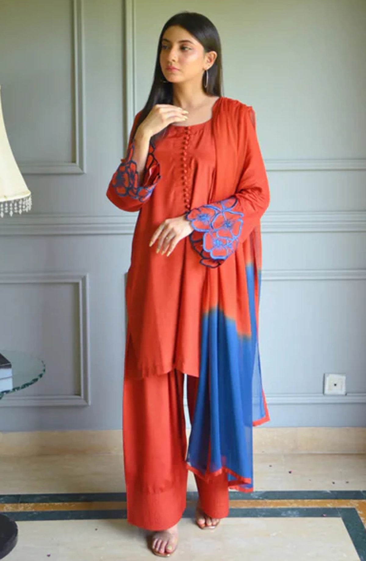 Zauk Rawsilk Stitched 3 Piece Suit - Blossom - ZK25FC - Orange - Festive Collection