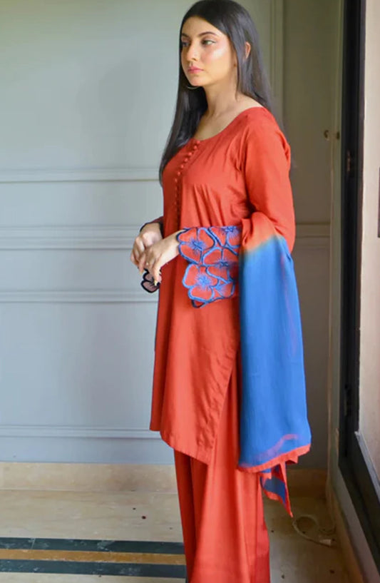 Zauk Rawsilk Stitched 3 Piece Suit - Blossom - ZK25FC - Orange - Festive Collection