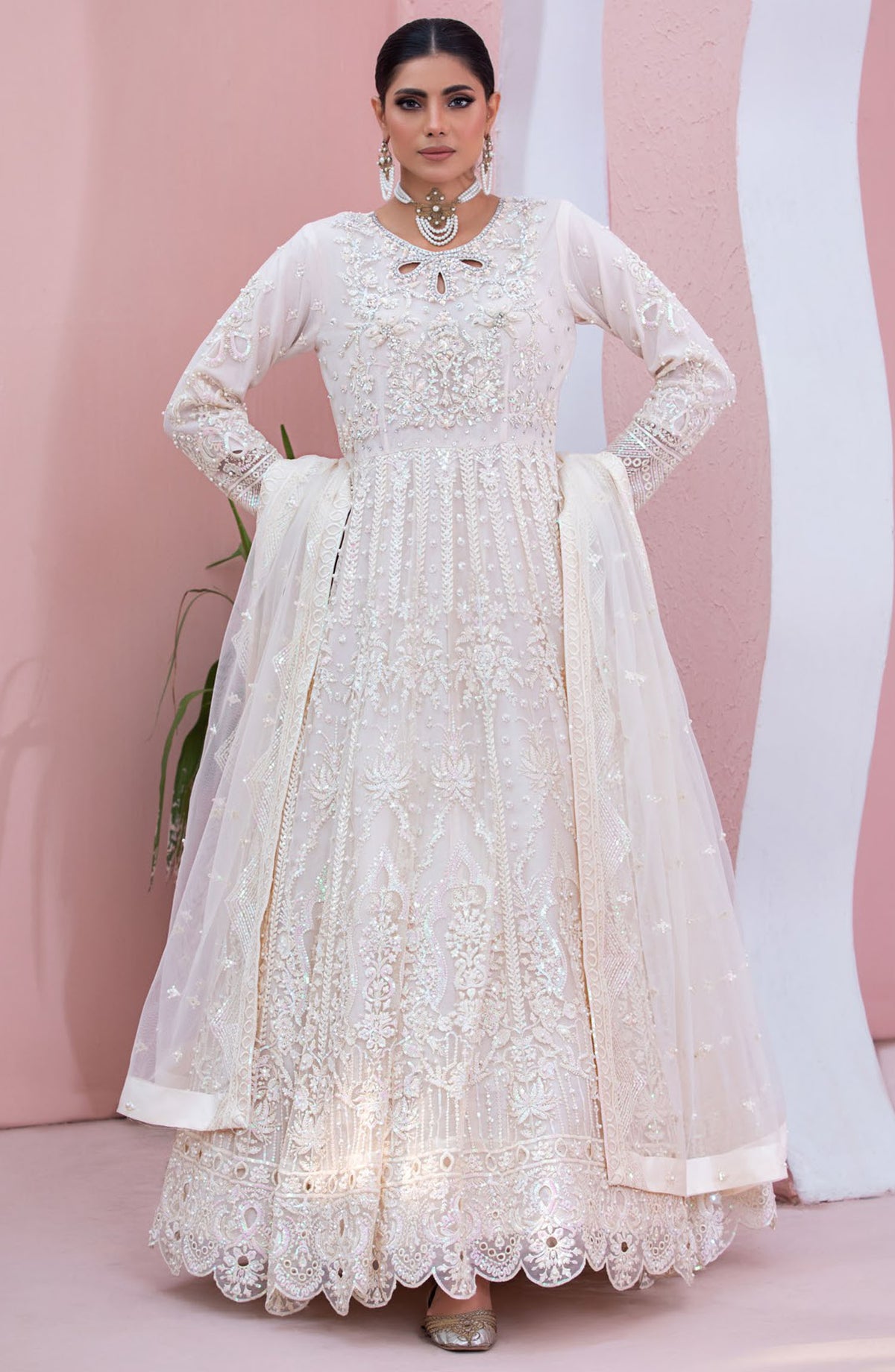 Tabeer by Diara Couture Embroidered Net Stitched 3 Piece Suit - DF-25 HOORAB - DC25T - Off White - Formal Collection