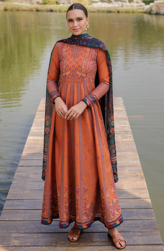 Xenia Embroidered Lawn Unstitched 3 Piece Suit - Hannah - XF25LL - Orange - Summer Collection