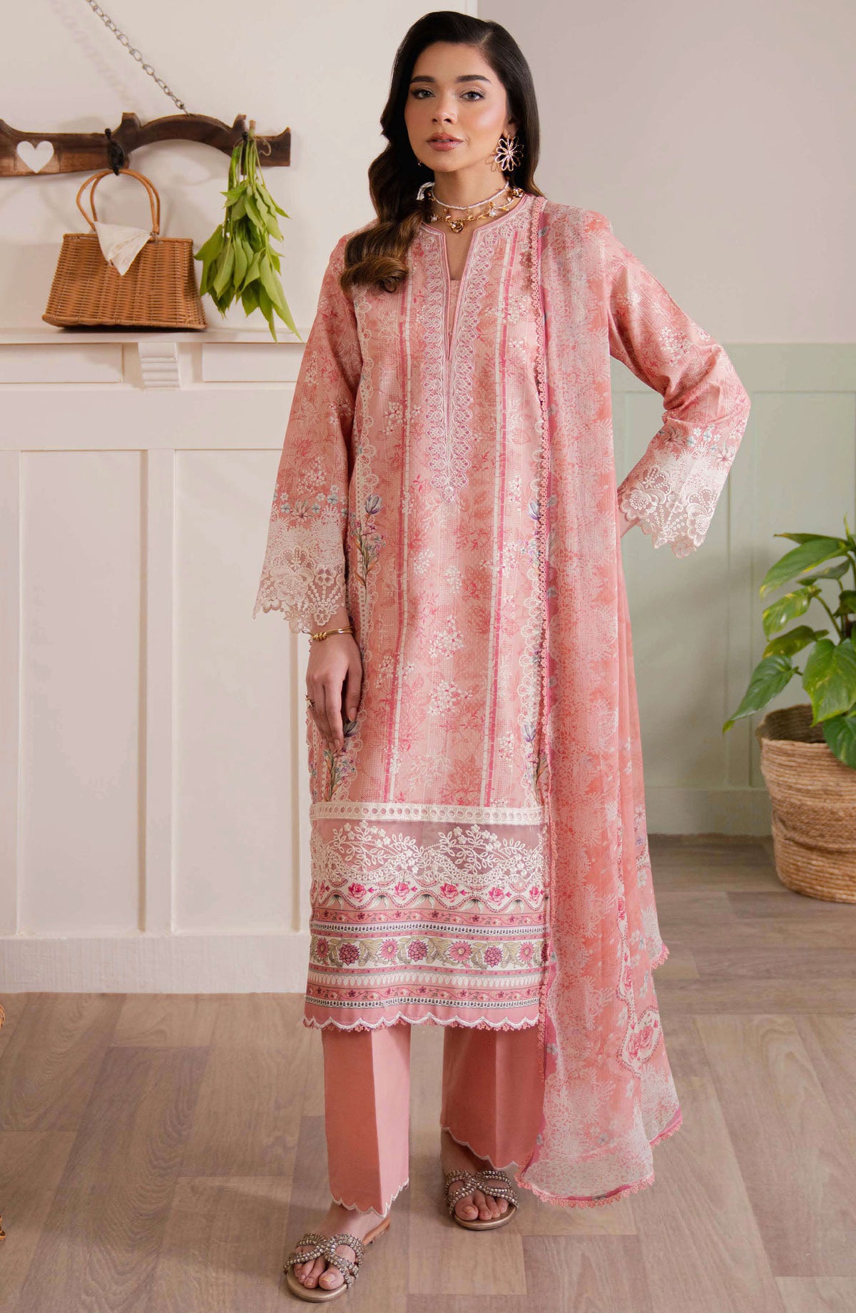 Neeshay Embroidered Lawn Unstitched 3 Piece Suit - Peach Flame - NSH25SL2 - Pink - Summer Collection