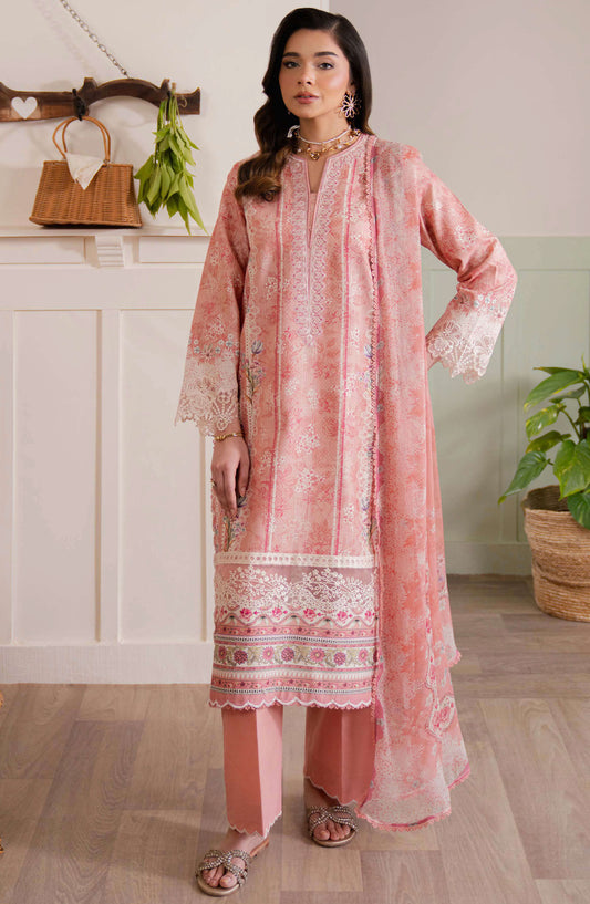 Neeshay Embroidered Lawn Unstitched 3 Piece Suit - Peach Flame - NSH25SL2 - Pink - Summer Collection