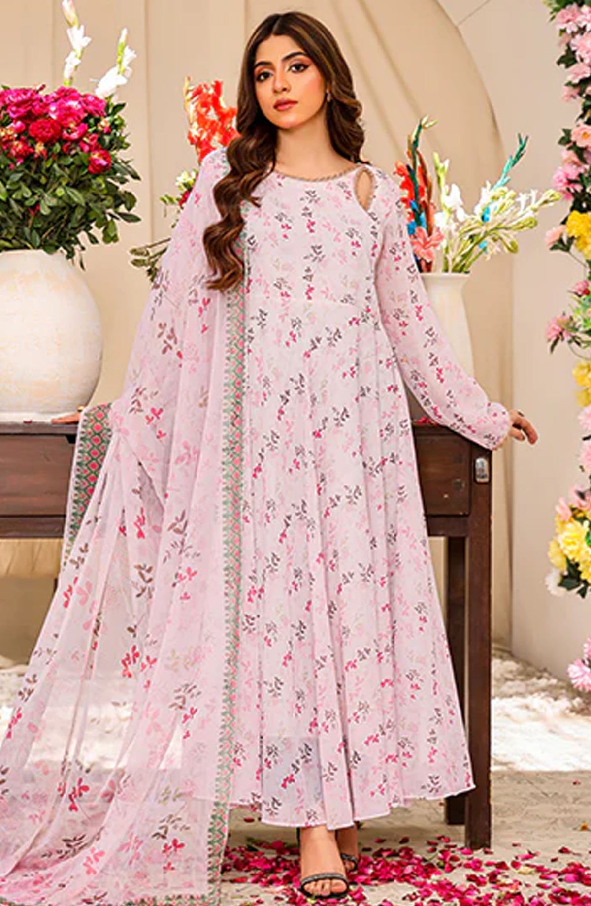 Nazmina Casual Chiffon Stitched 3 Piece Suit - Rose Petale FRT-101 - NAZ25REB - Pink - Festive Collection