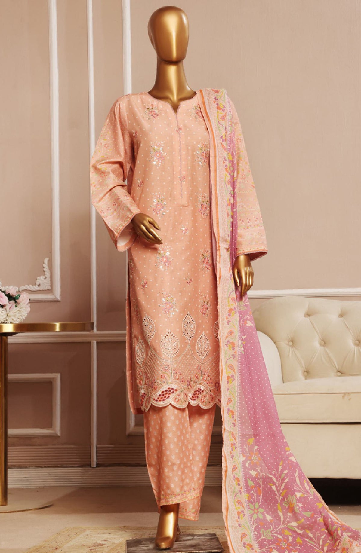 Bin Saeed Embroidered Lawn Stitched 3 Piece Suit - SM-034 - BS25EL3PCV5 - Pink - Summer Collection