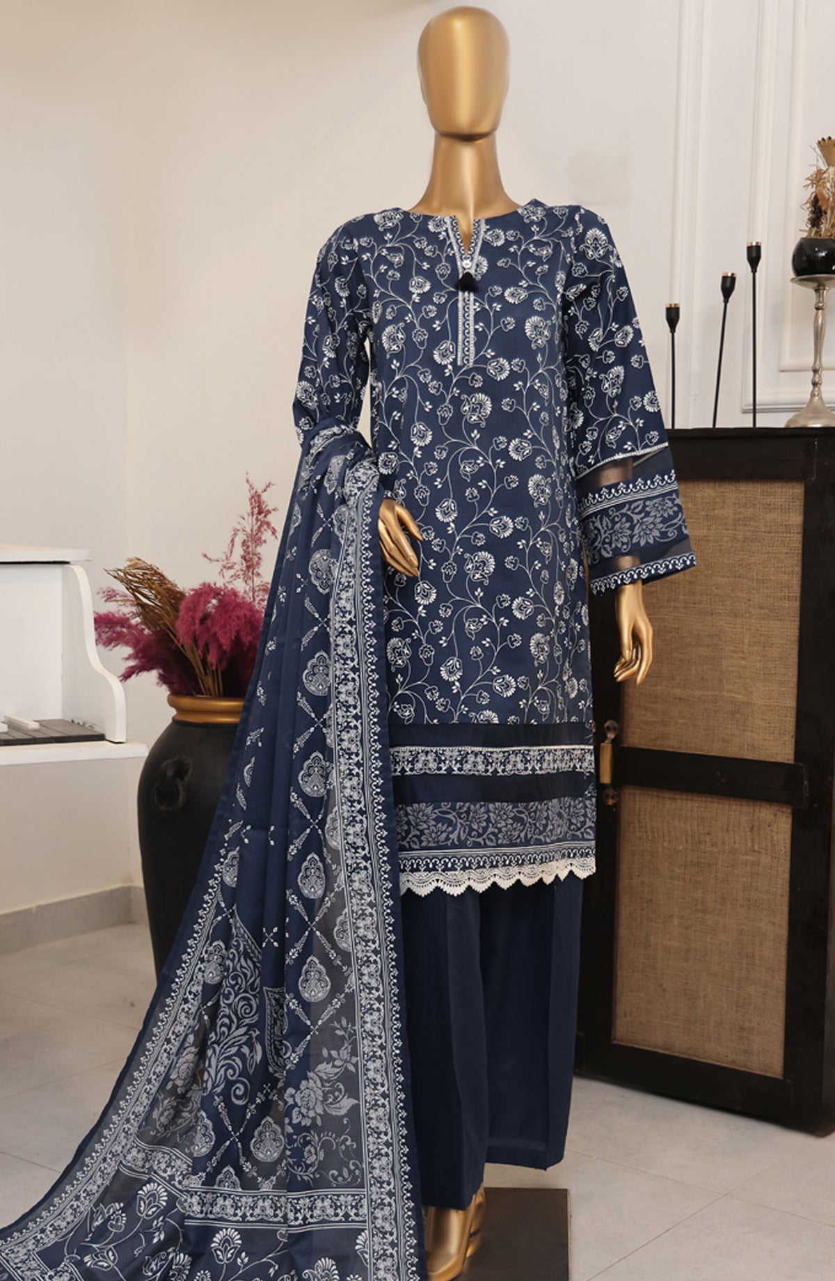 HZ Textile Printed Lawn Stitched 3 Piece Suit - SSP-3P-020 Midnight Blue - HZ25FHGE - Blue - Eid Collection