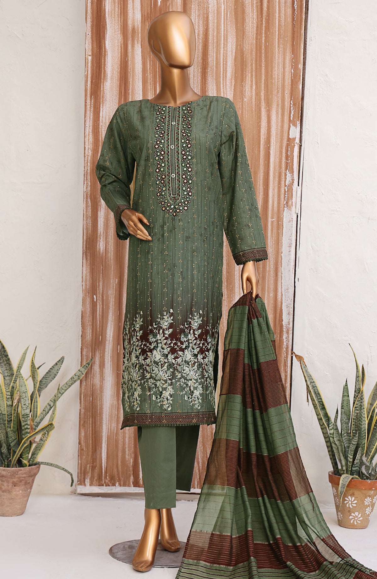 HZ Textile Embroidered Jacquard Unstitched 3 Piece Suit - TJS-1212 - HZ25TJS - Green - Casual Collection