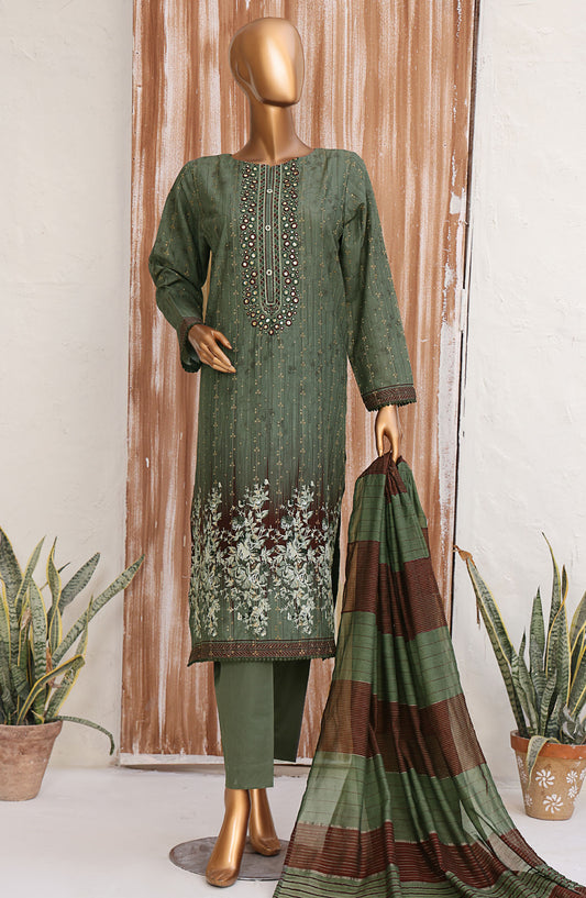HZ Textile Embroidered Jacquard Unstitched 3 Piece Suit - TJS-1212 - HZ25TJS - Green - Casual Collection