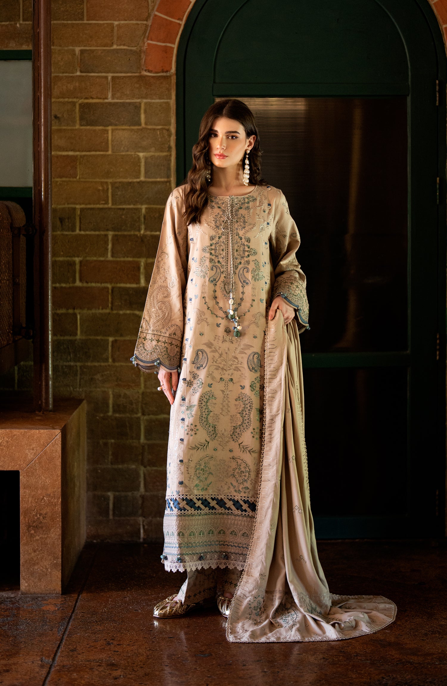 Florent Serenity Embroidered Dobby Unstitched 3 Piece Suit - 09 Aurea - FL26SNT - Beige - Winter Collection