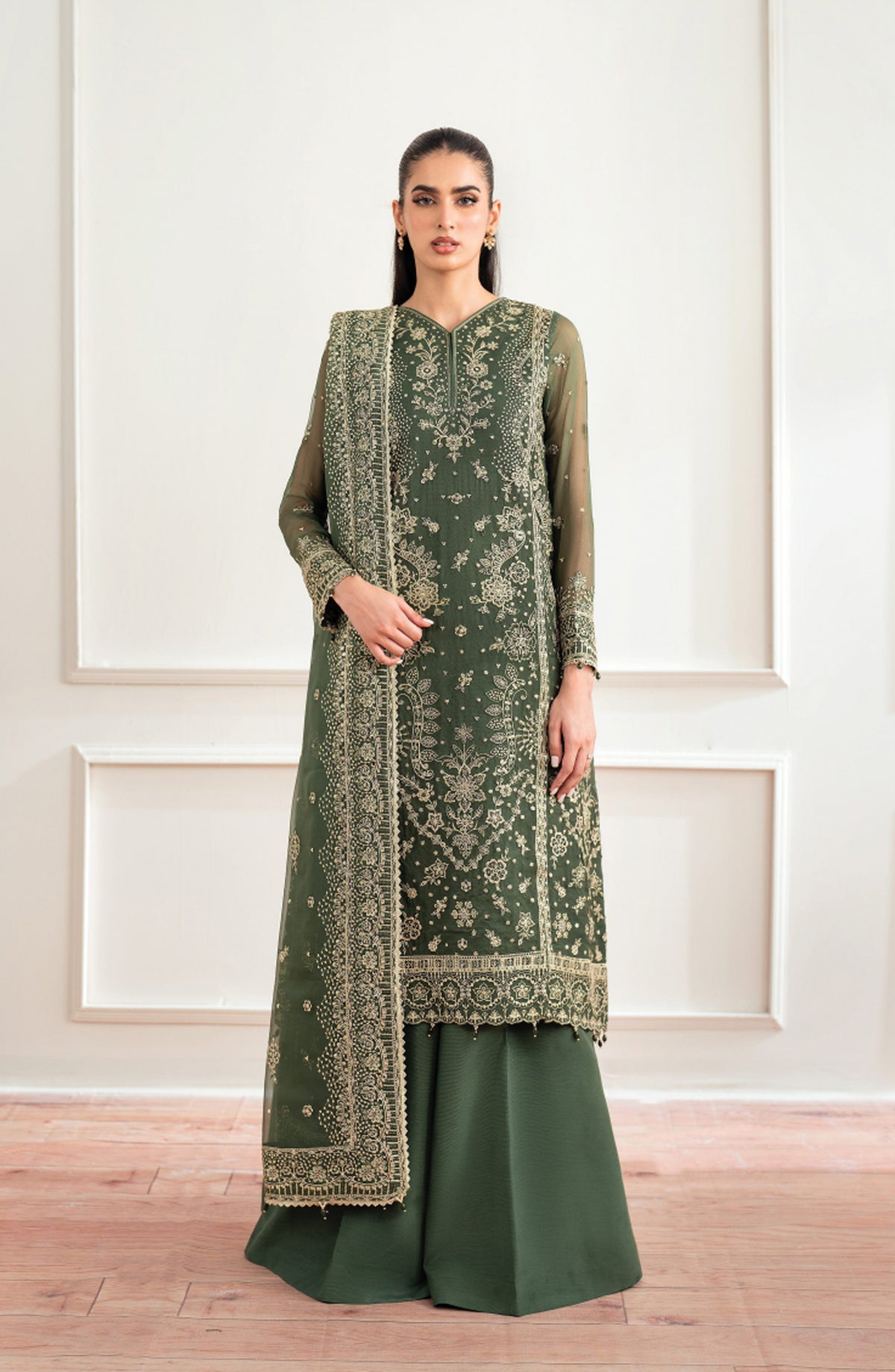 Farasha Luxury Essence Formals Embroidered Chiffon Unstitched 3 Piece Suit - Muted Moss - FSH25EF - Green - Festive Collection