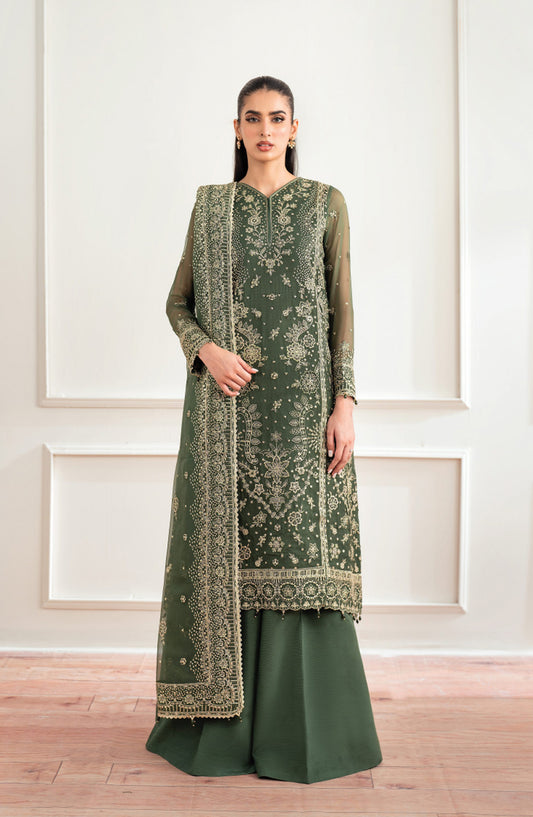 Farasha Luxury Essence Formals Embroidered Chiffon Unstitched 3 Piece Suit - Muted Moss - FSH25EF - Green - Festive Collection