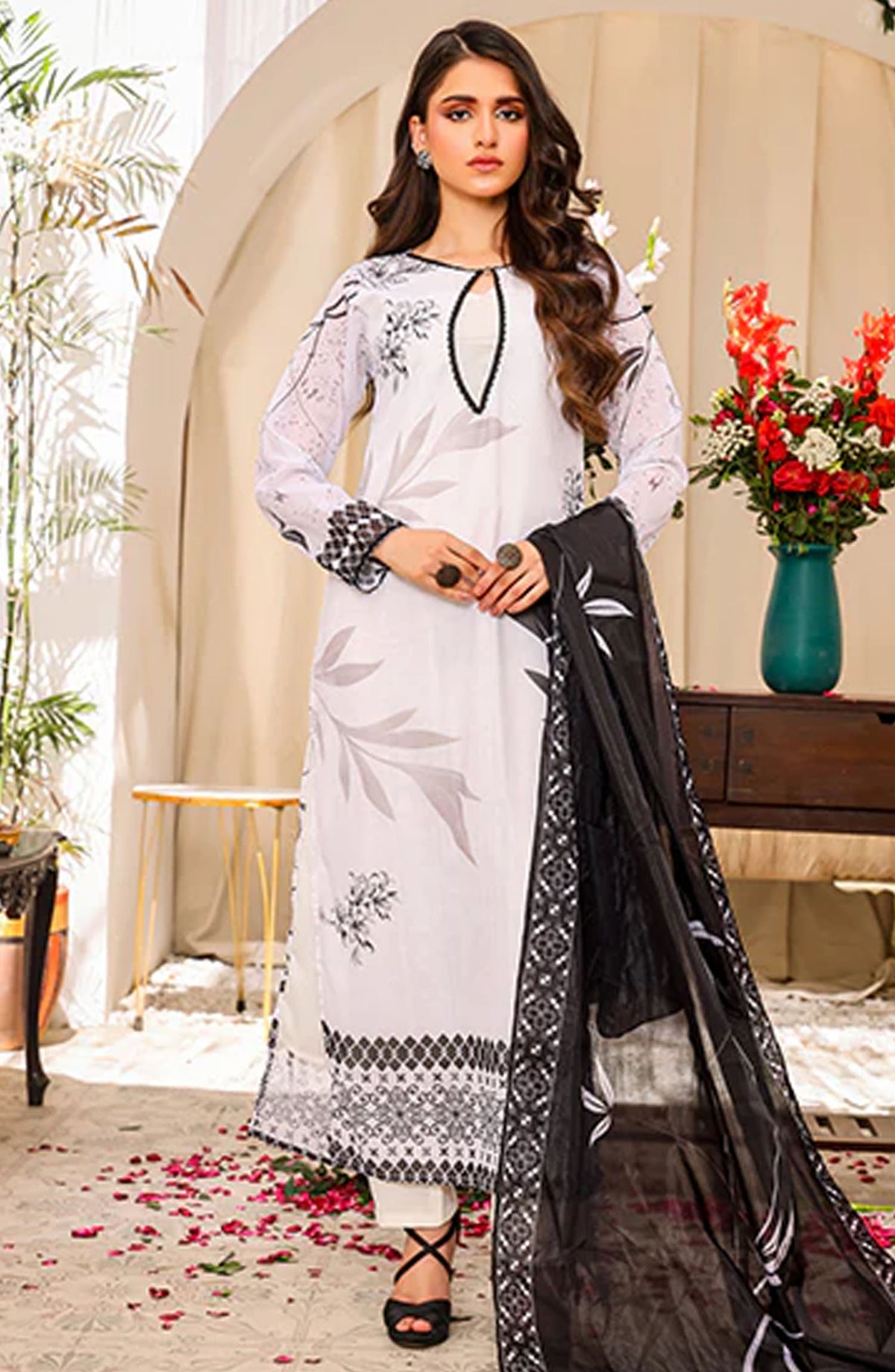 Nazmina Casual Chiffon Stitched 3 Piece Suit - Ebene Fleurie FR-779 - NAZ25REB - White - Festive Collection