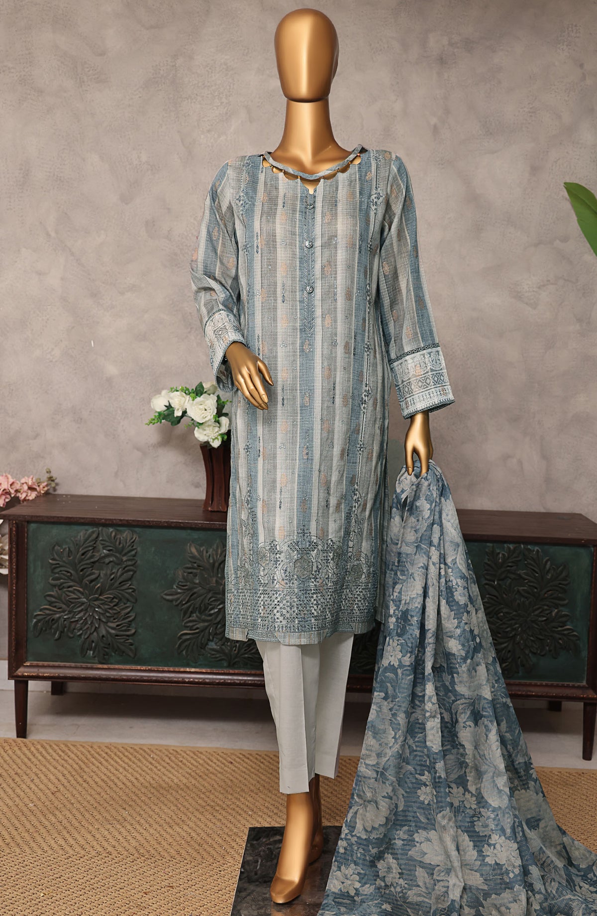 Majestic by HZ Textile Embroidered Lawn Unstitched 3 Piece Suit - MJE-19 - HZ25MJE - Grey - Summer Collection