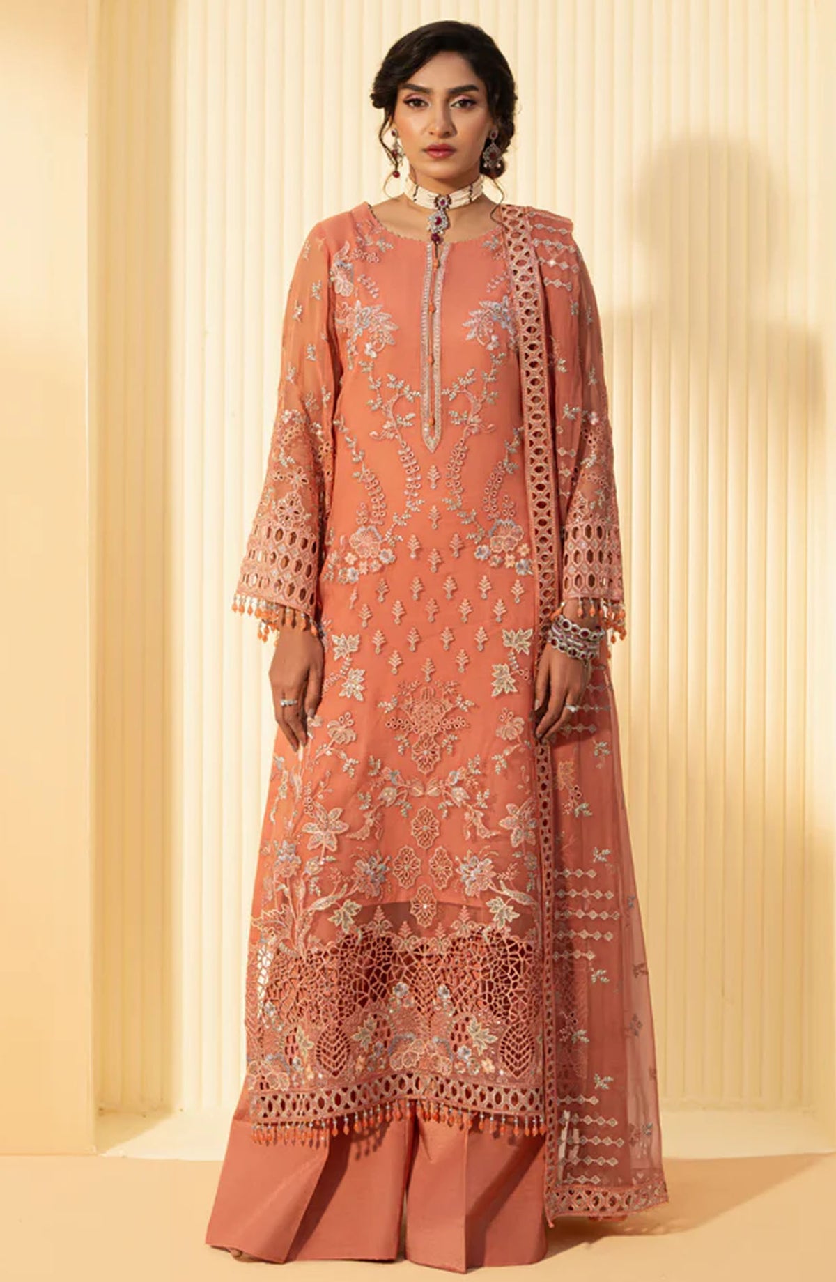 Nikhaar by Lavish Premium Embroidered Chiffon Unstitched 3 Piece Suit - Petite Orchid - LP25NIK - Peach - Formal Collection