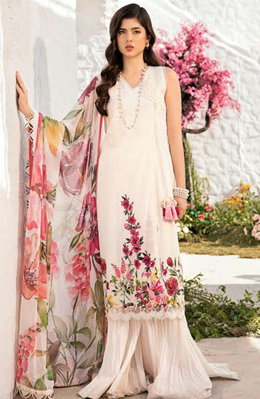 Maria B Embroidered Lawn Unstitched 3 Piece Suit - D-01 B - MB25MB - White - Summer Collection