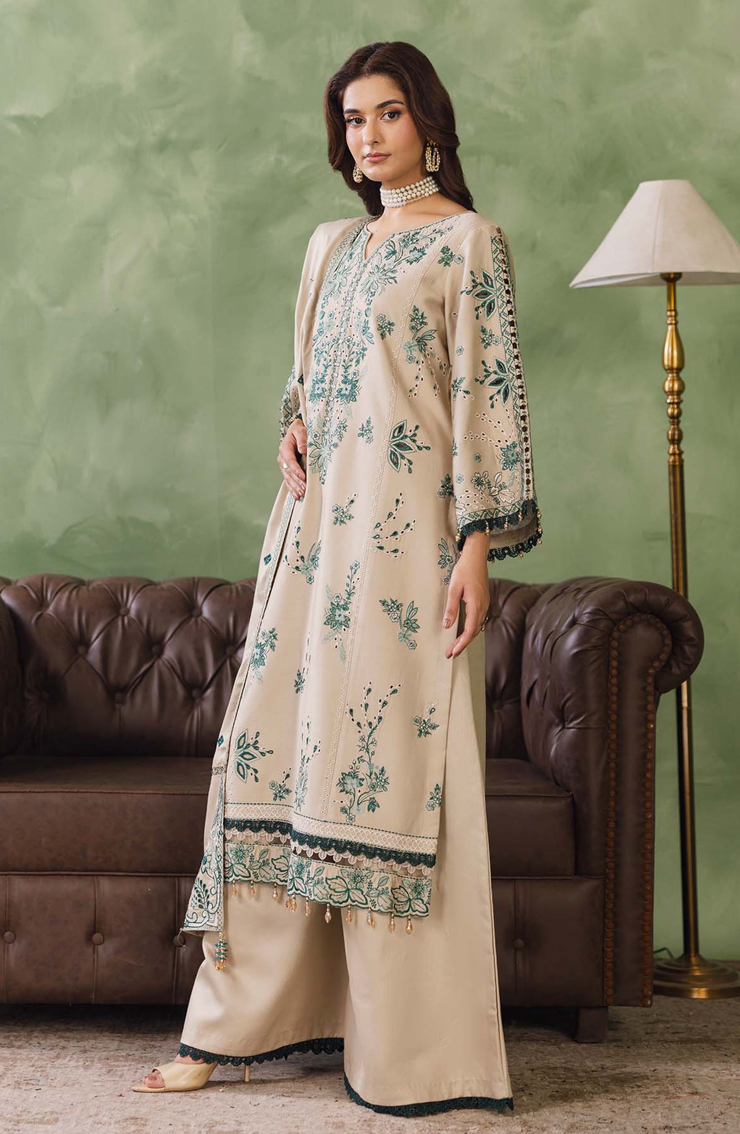 Peridot Embroidered Cotray Unstitched 3 Piece Suit - 594-A - PT26WT - Beige - Winter Collection