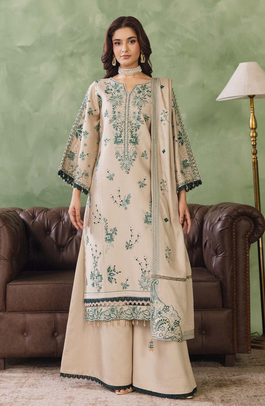Peridot Embroidered Cotray Unstitched 3 Piece Suit - 594-A - PT26WT - Beige - Winter Collection