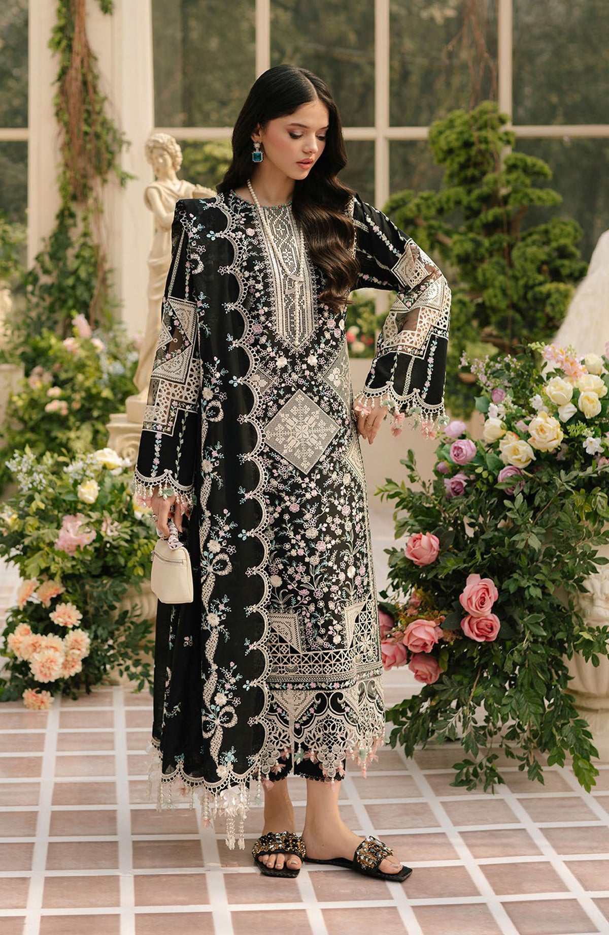 Freesia by Bin Ilyas Embroidered Lawn Unstitched 3 Piece Suit - D-103 B - BL25FRL - Black - Summer Collection