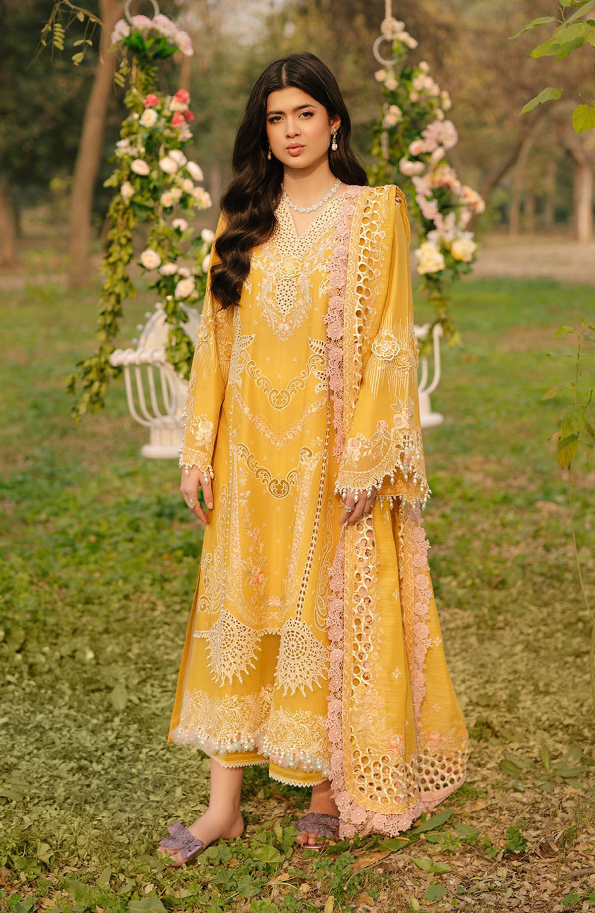 Freesia by Bin Ilyas Embroidered Lawn Unstitched 3 Piece Suit - D-104 A - BL25FRL - Yellow - Summer Collection