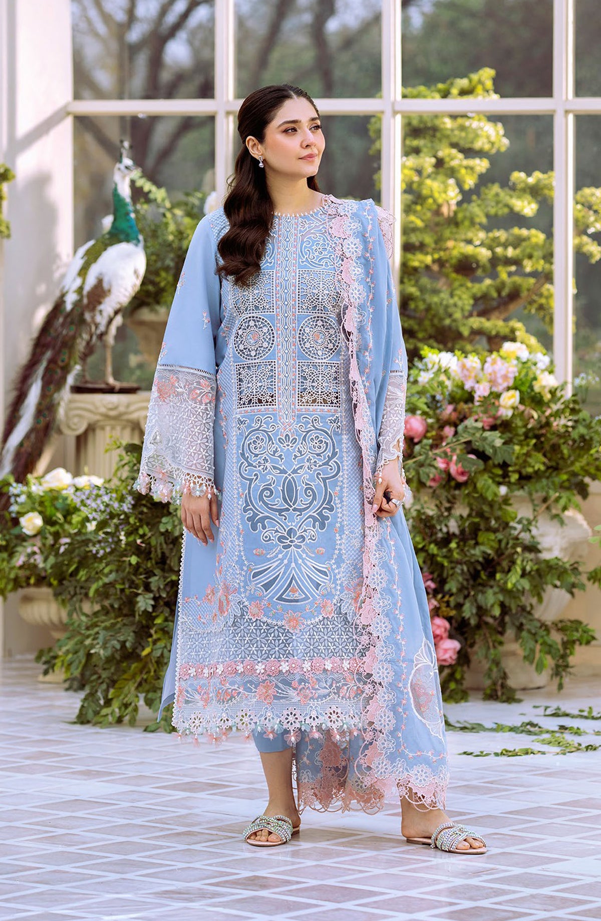 Freesia by Bin Ilyas Embroidered Lawn Unstitched 3 Piece Suit - D-107 A - BL25FRL - Blue - Summer Collection