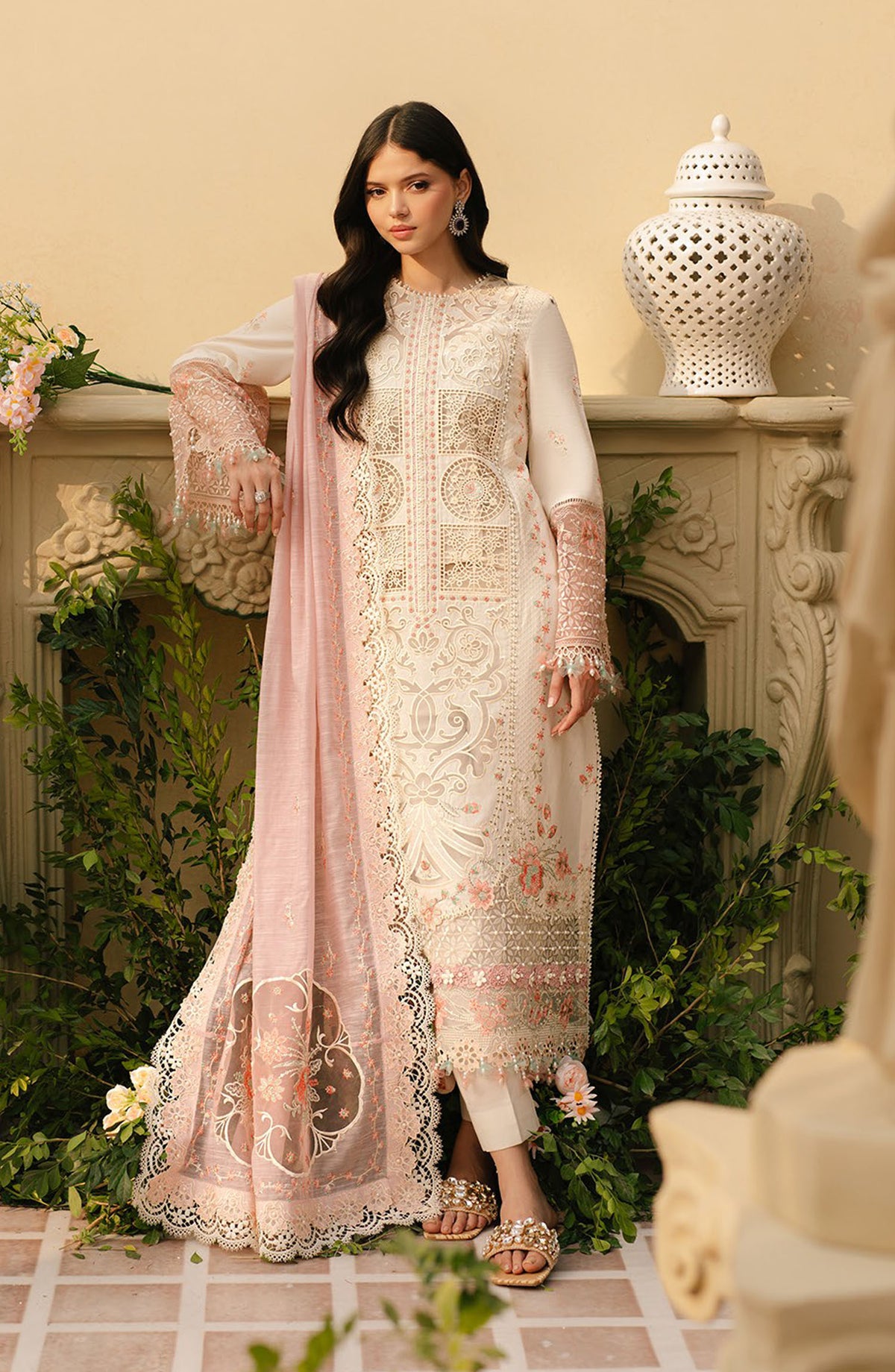 Freesia by Bin Ilyas Embroidered Lawn Unstitched 3 Piece Suit - D-107 B - BL25FRL - Off White - Summer Collection