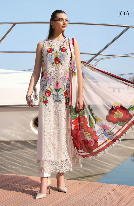 Maria B Luxury Embroidered Lawn Unstitched 3 Piece Suit - 10A - MAB26LLW - White - Summer Collection