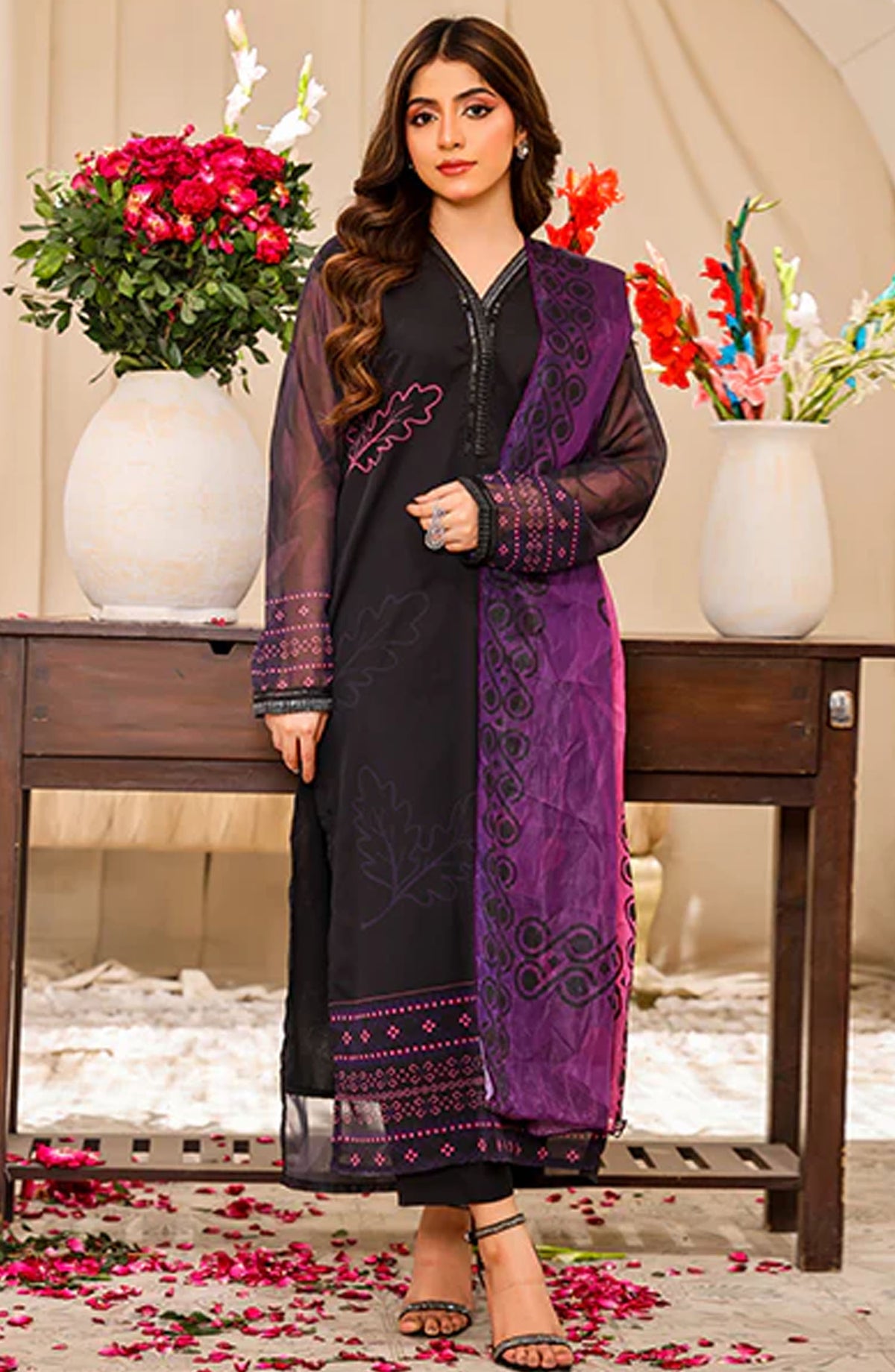 Nazmina Casual Chiffon Stitched 3 Piece Suit - Minuit Violet FR-772 - NAZ25REB - Black - Festive Collection