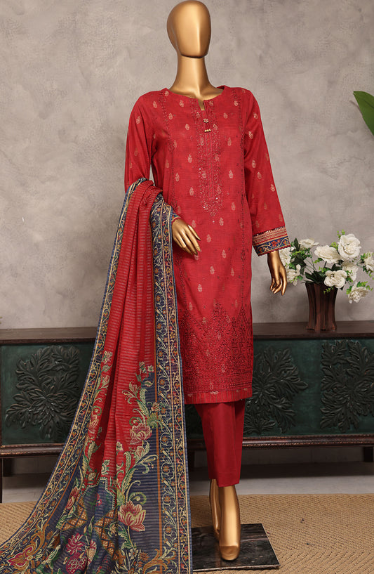 Majestic by HZ Textile Embroidered Lawn Unstitched 3 Piece Suit - MJE-13 - HZ25MJE - Red - Summer Collection