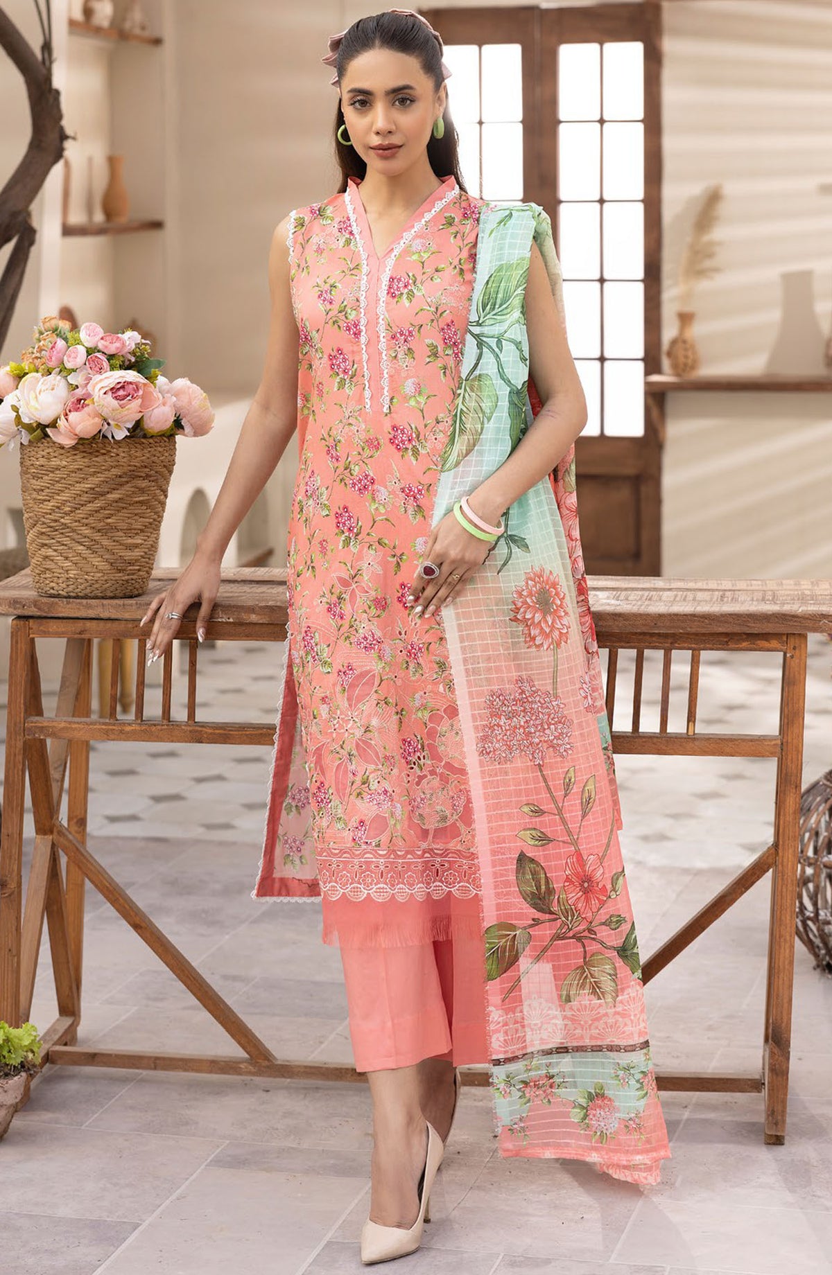 Phoolnagar by NUR Embroidered Lawn Unstitched 3 Piece Suit - NP-10 - NUR25PN - Peach - Summer Collection