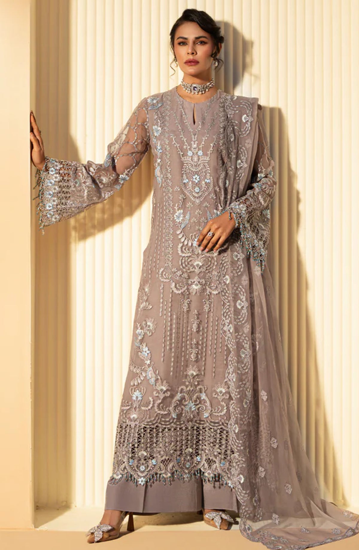 Nikhaar by Lavish Premium Embroidered Chiffon Unstitched 3 Piece Suit - Pharlap - LP25NIK - Grey - Formal Collection