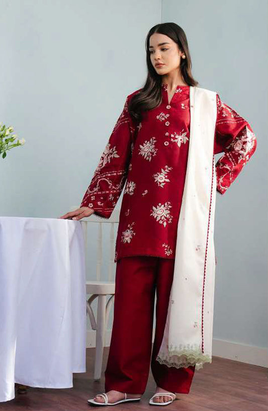 Coco by Zara Shahjahan Embroidered Lawn Unstitched 3 Piece Suit - D-10 A Nora - ZS25CL - Red - Summer Collection