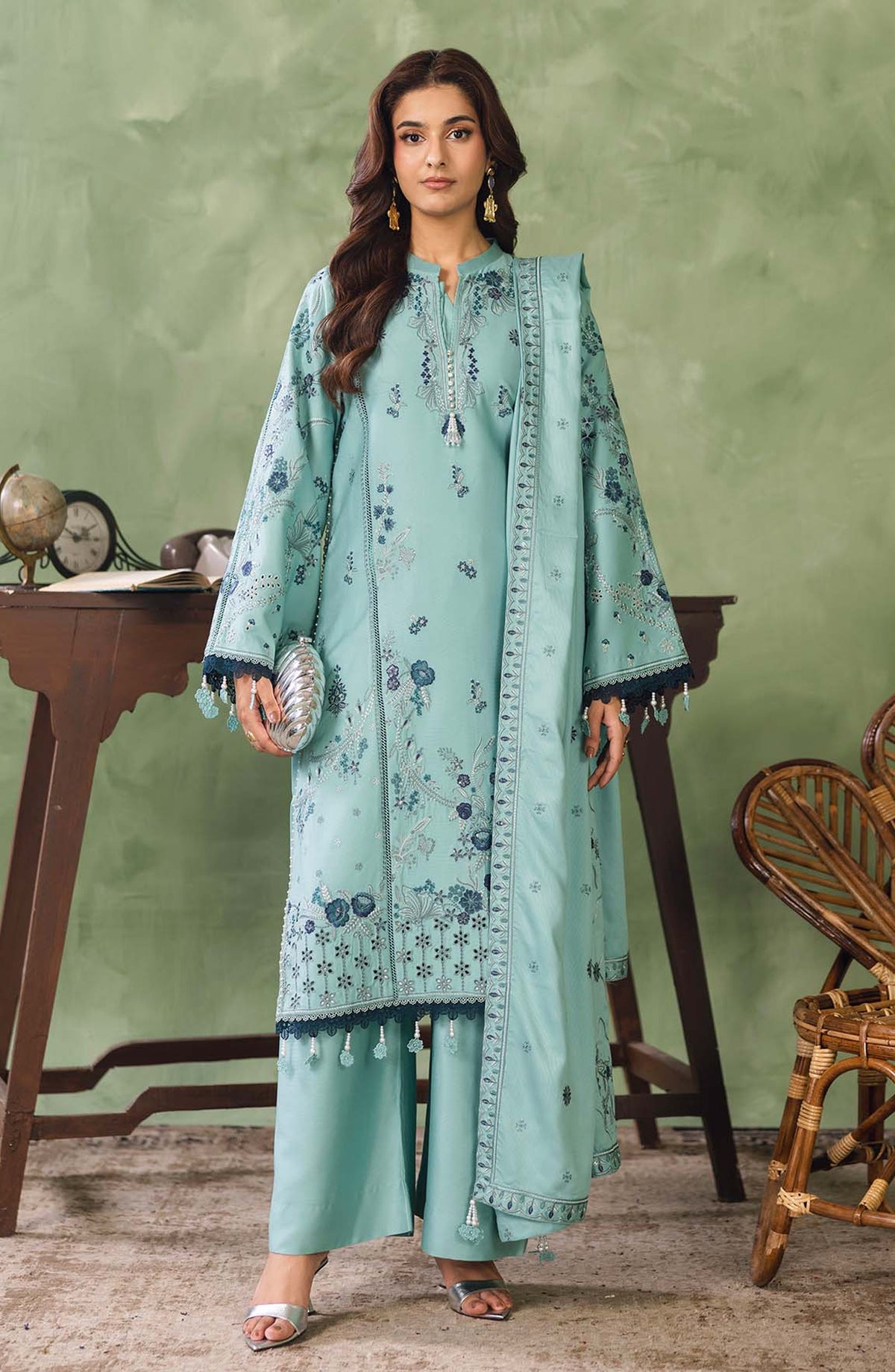 Peridot Embroidered Cotray Unstitched 3 Piece Suit - 593-B - PT26WT - Blue - Winter Collection