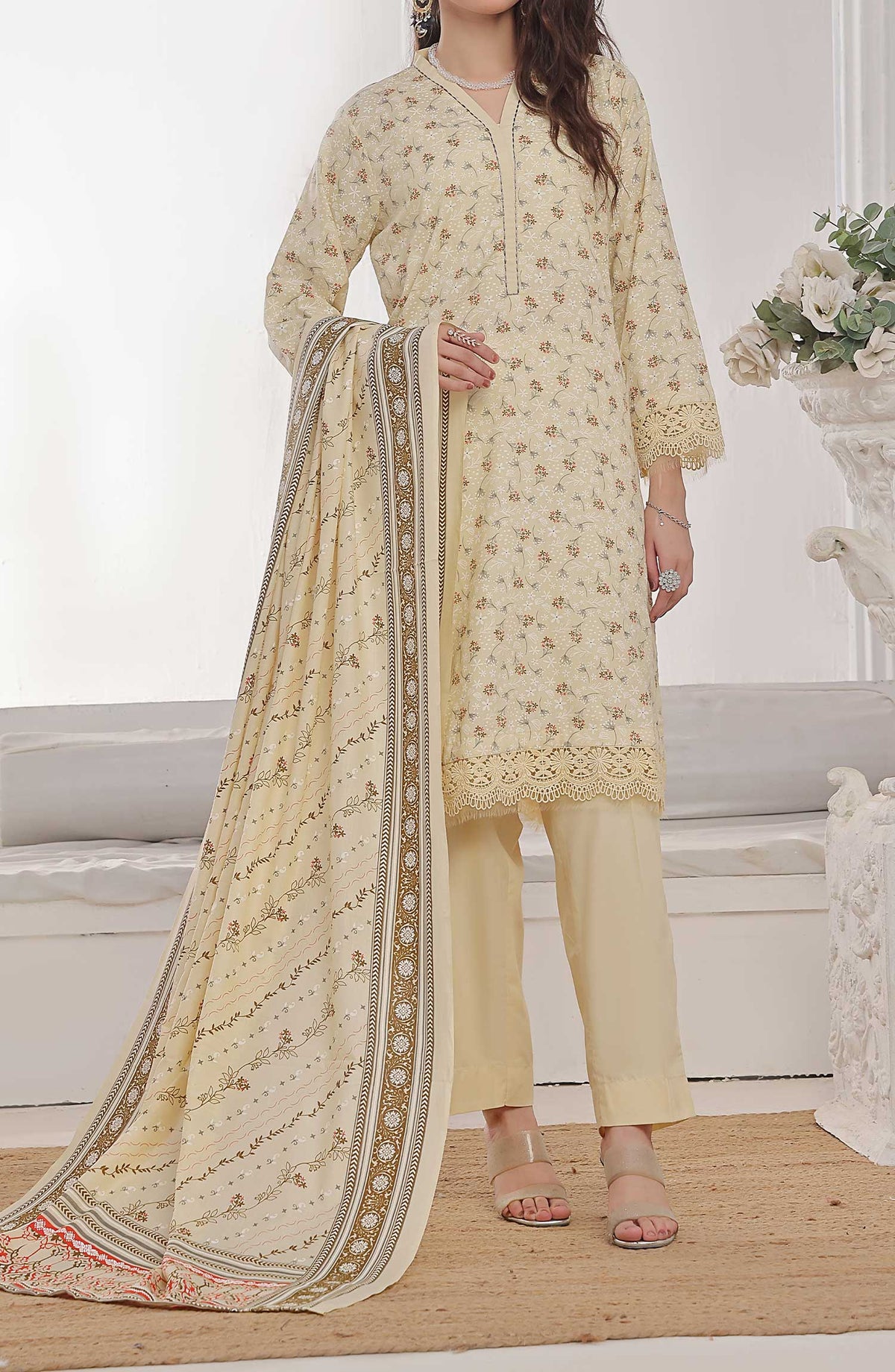 Amna Khadija Printed Wrinkle Free Untitched 3 Piece - 1148 A - AK25WFV20 - Cream - Casual Collection
