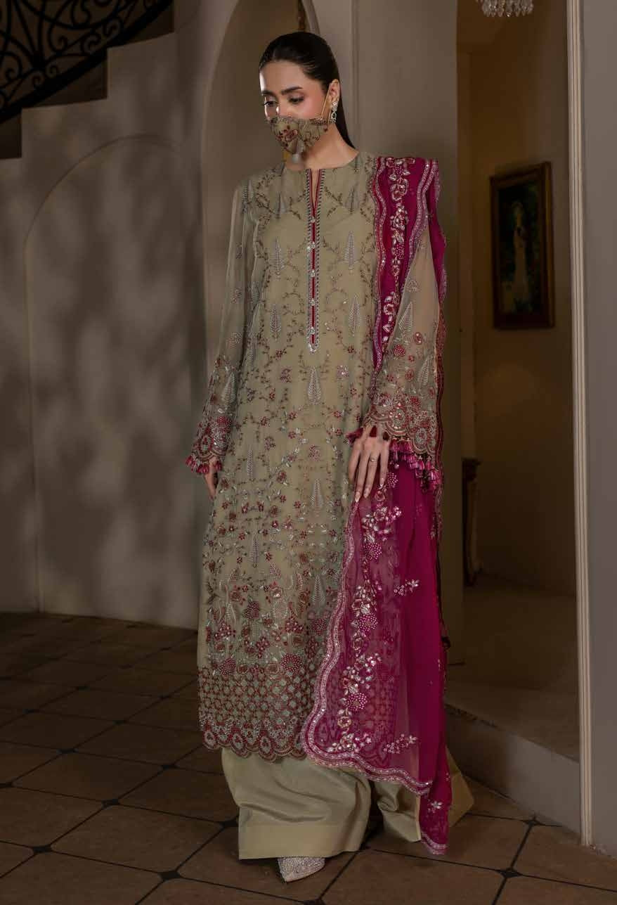 Kuch Khas By Flossie Chandani At Premium Chiffon 3pc Unstitched Suit - KKFCAK - D-08 - Light Pista