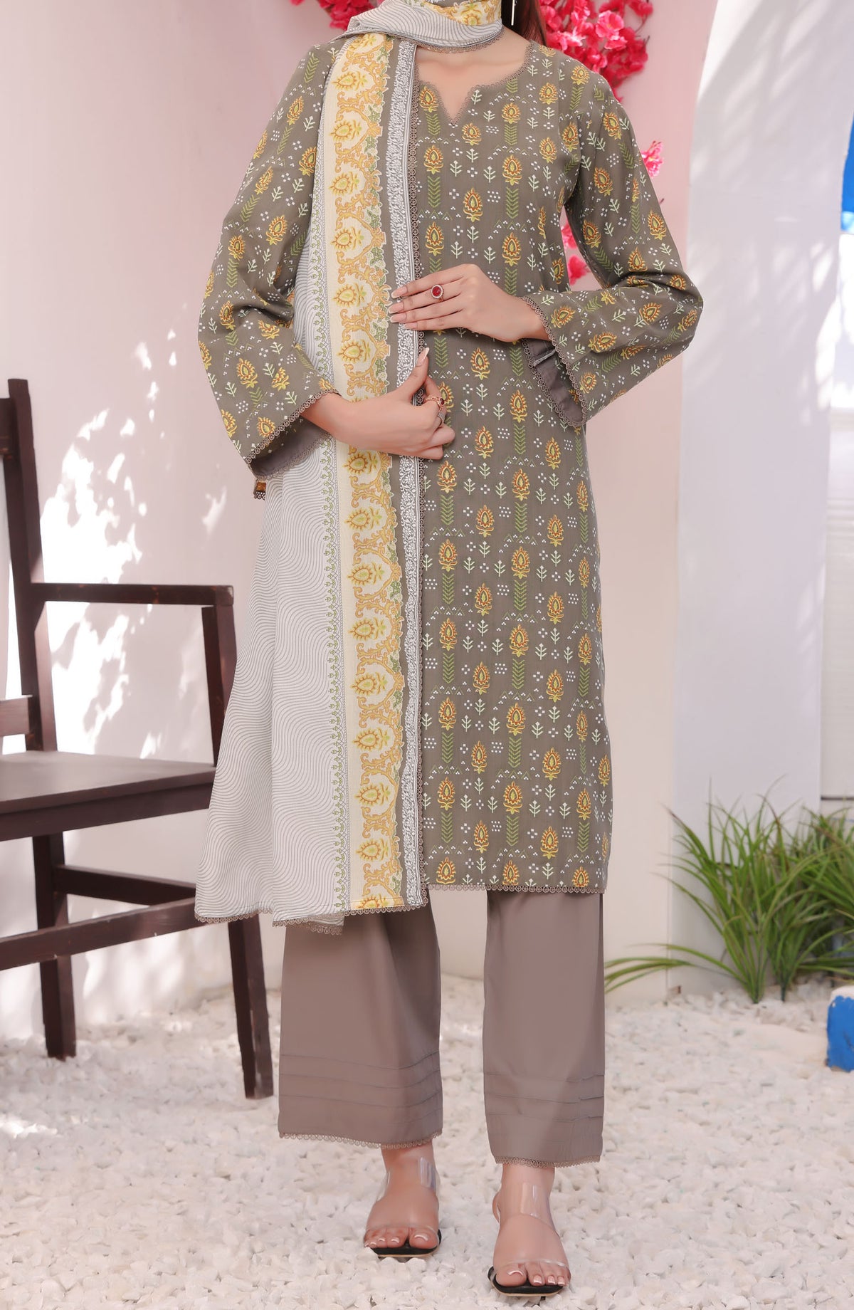 Amna Khadija Printed Wrinkle Free Unstitched 3 Piece Suit - 1156-C - AK25WFV26 - Grey - Casual Collection
