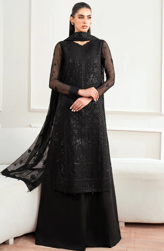 Farasha Luxury Essence Formals Embroidered Chiffon Unstitched 3 Piece Suit - Dark Whisper - FSH25EF - Black - Festive Collection
