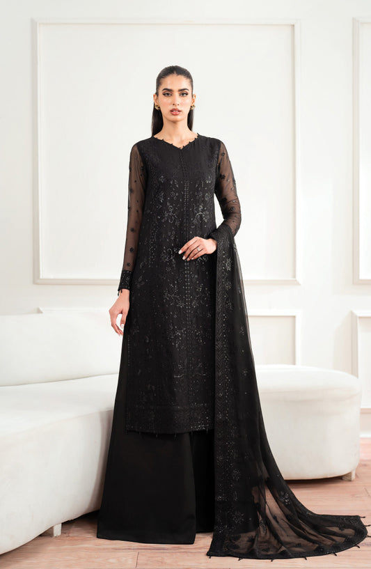 Farasha Luxury Essence Formals Embroidered Chiffon Unstitched 3 Piece Suit - Dark Whisper - FSH25EF - Black - Festive Collection