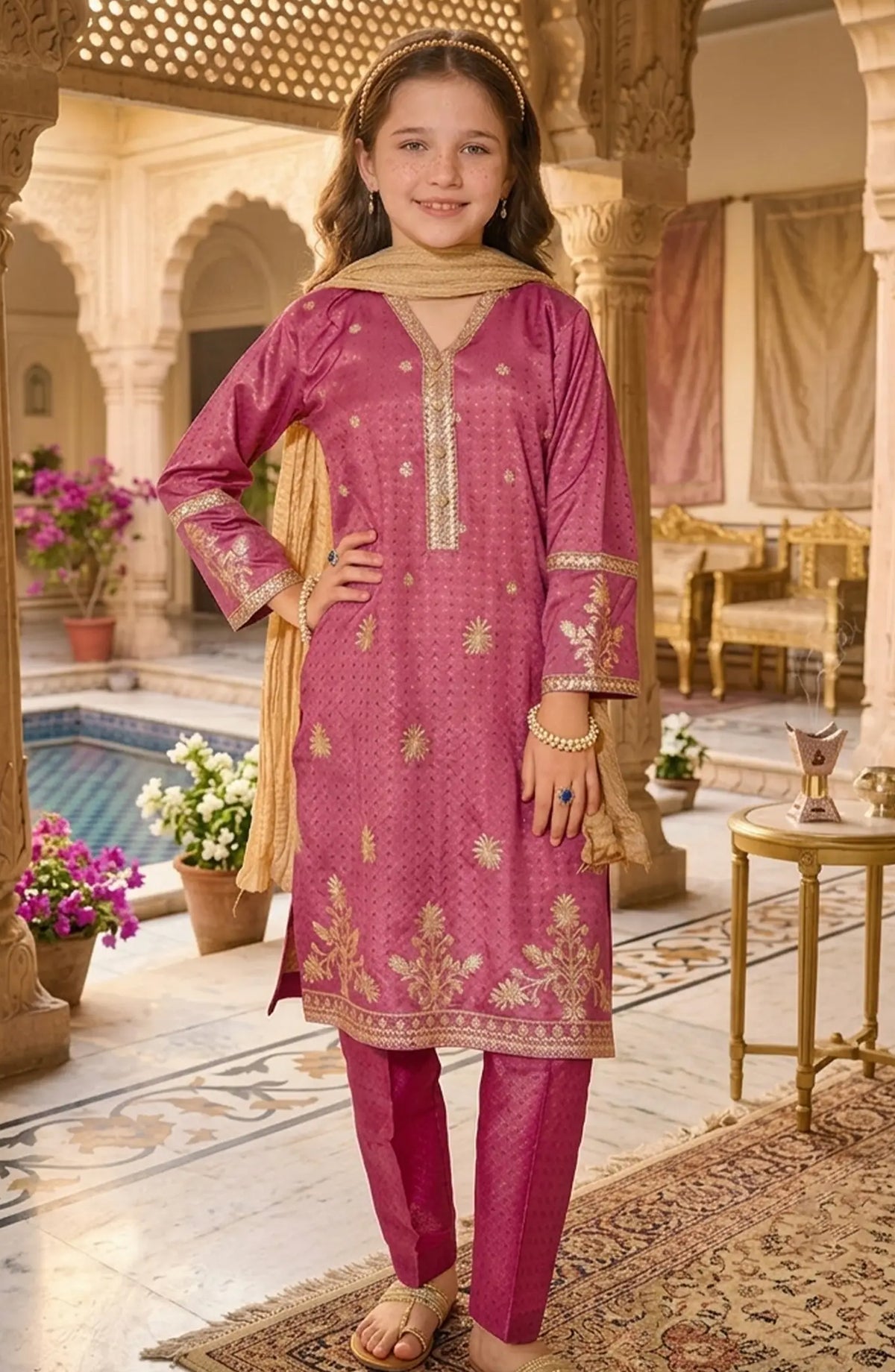 Girls 3 Piece Maroon Embroidered Maysuri Suit - 10745-Mar - MOD26MT - Festive Collection