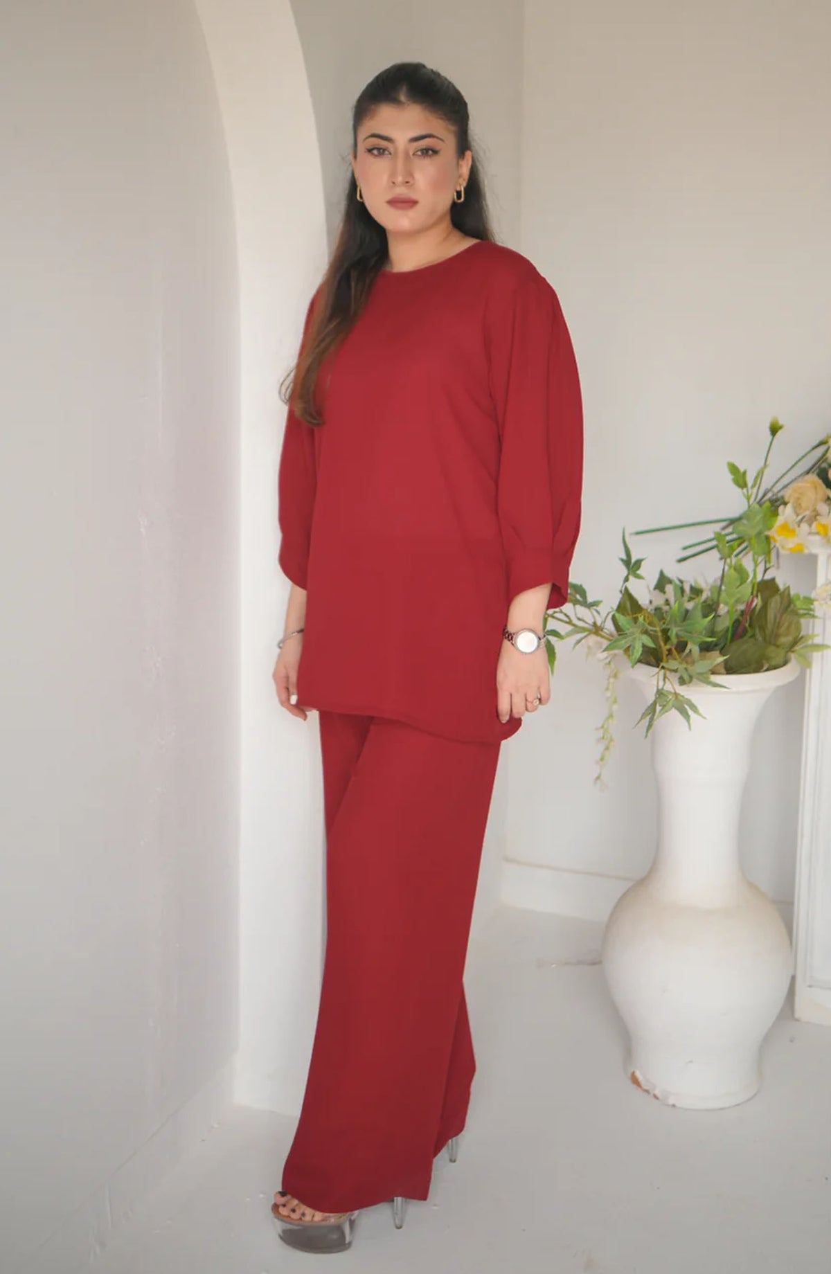 Zauk Casual Georgette 2 Piece Suit - Rose - ZK25CC - Red - Casual Collection