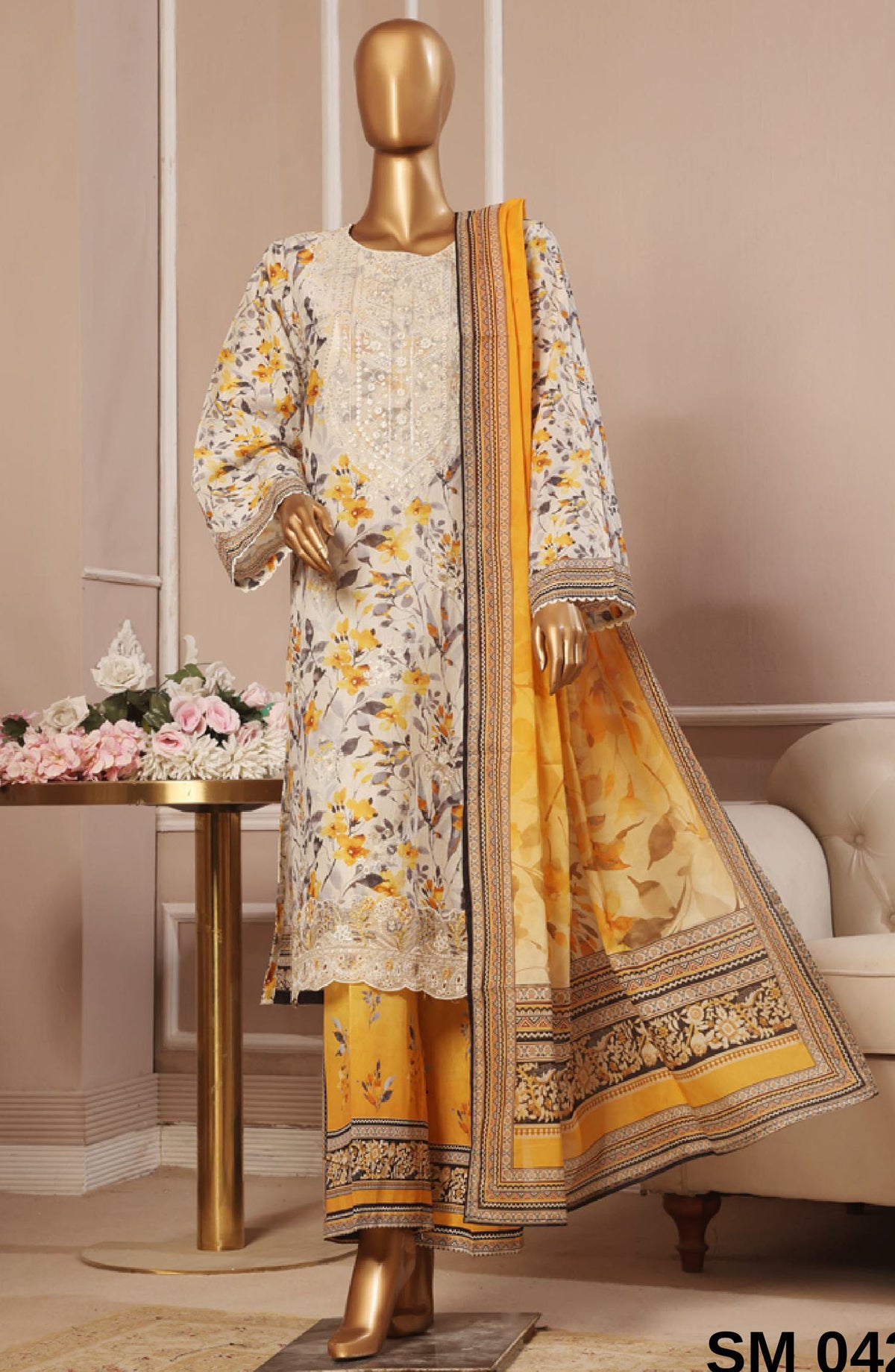 Bin Saeed Embroidered Lawn Stitched 3 Piece Suit - SM-042 - BS25EL3PCV5 - White - Summer Collection
