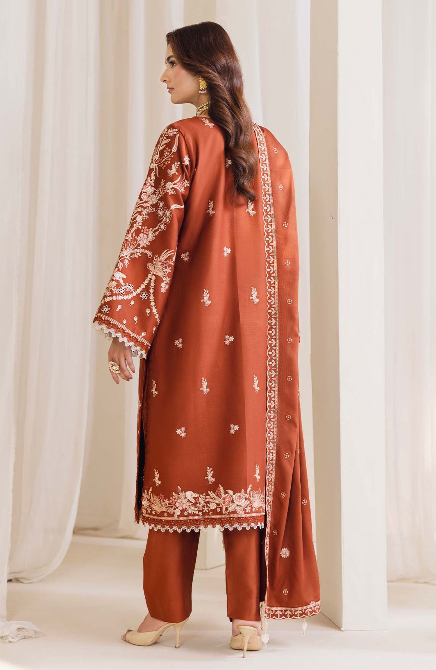 Peridot Embroidered Cotray Unstitched 3 Piece Suit - 593-A - PT26WT - Rust - Winter Collection