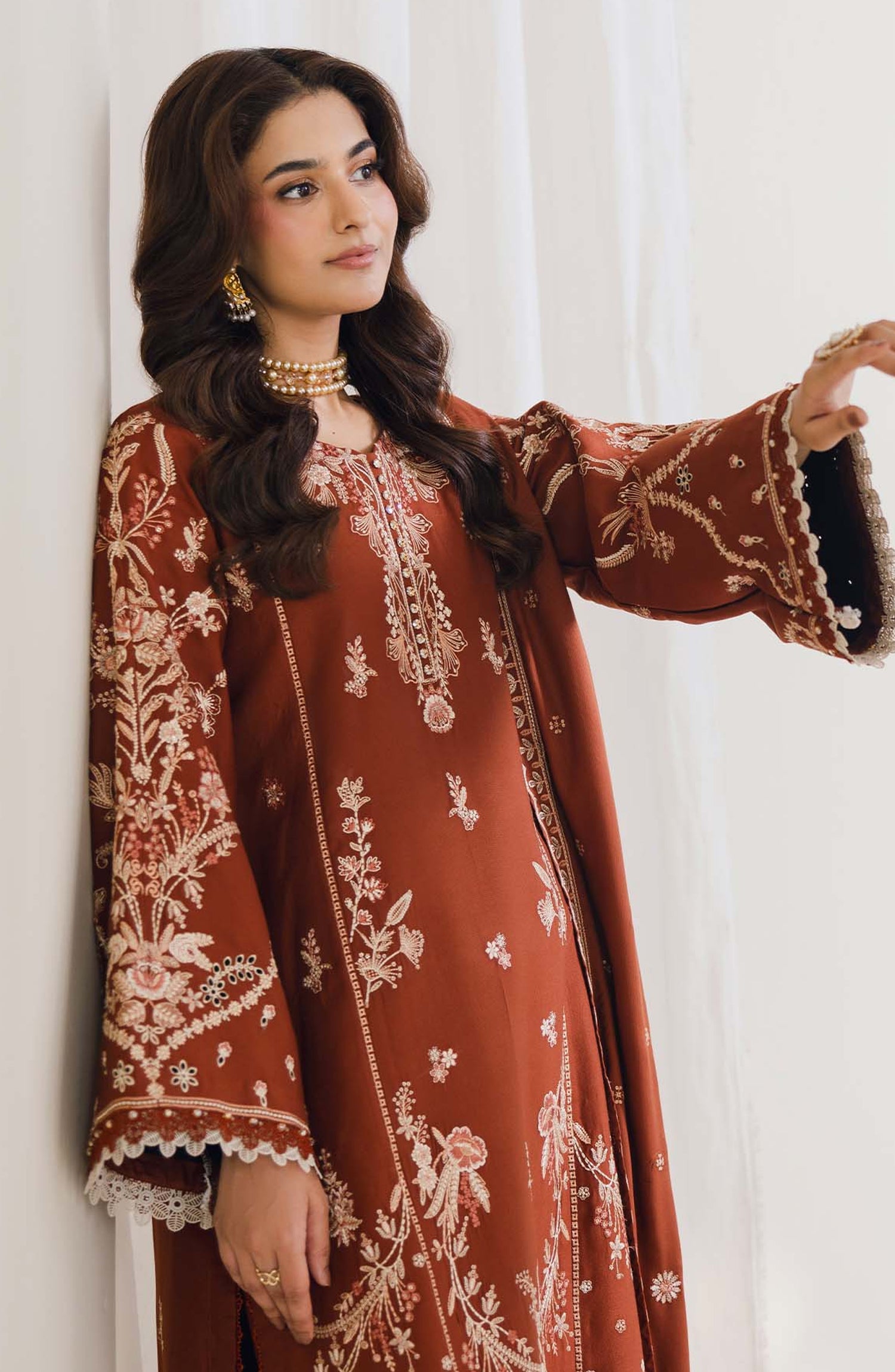 Peridot Embroidered Cotray Unstitched 3 Piece Suit - 593-A - PT26WT - Rust - Winter Collection