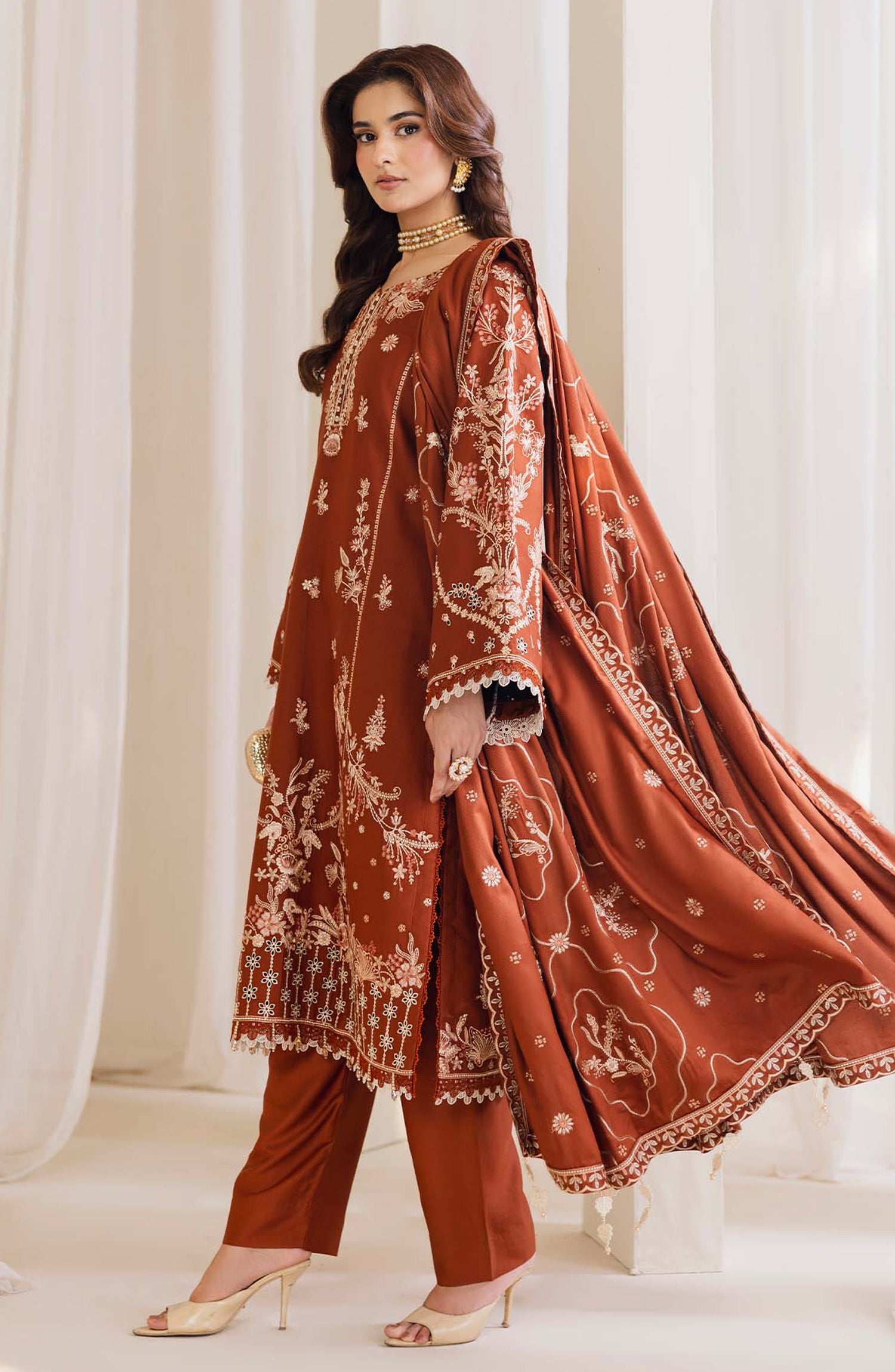 Peridot Embroidered Cotray Unstitched 3 Piece Suit - 593-A - PT26WT - Rust - Winter Collection