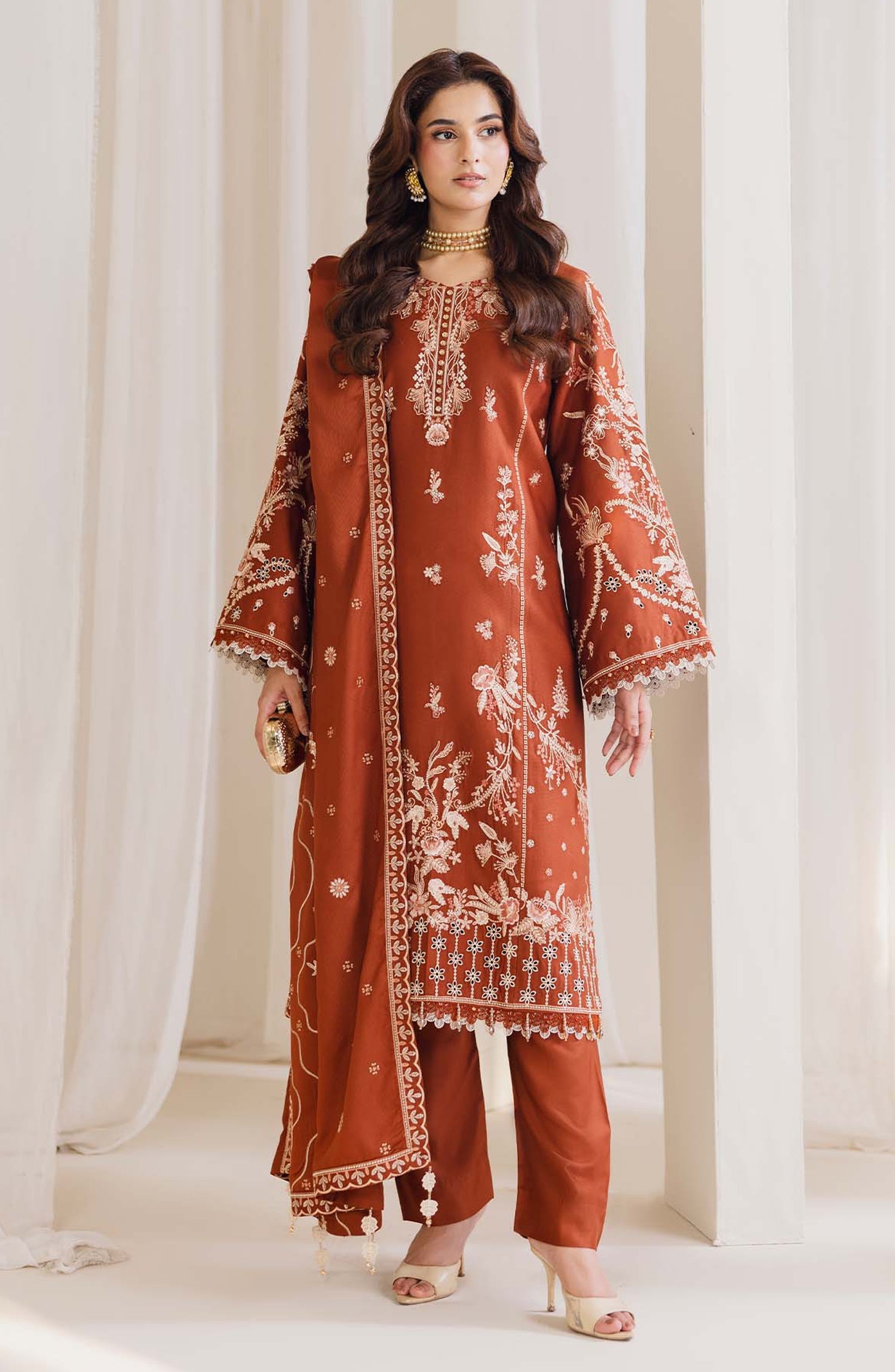 Peridot Embroidered Cotray Unstitched 3 Piece Suit - 593-A - PT26WT - Rust - Winter Collection