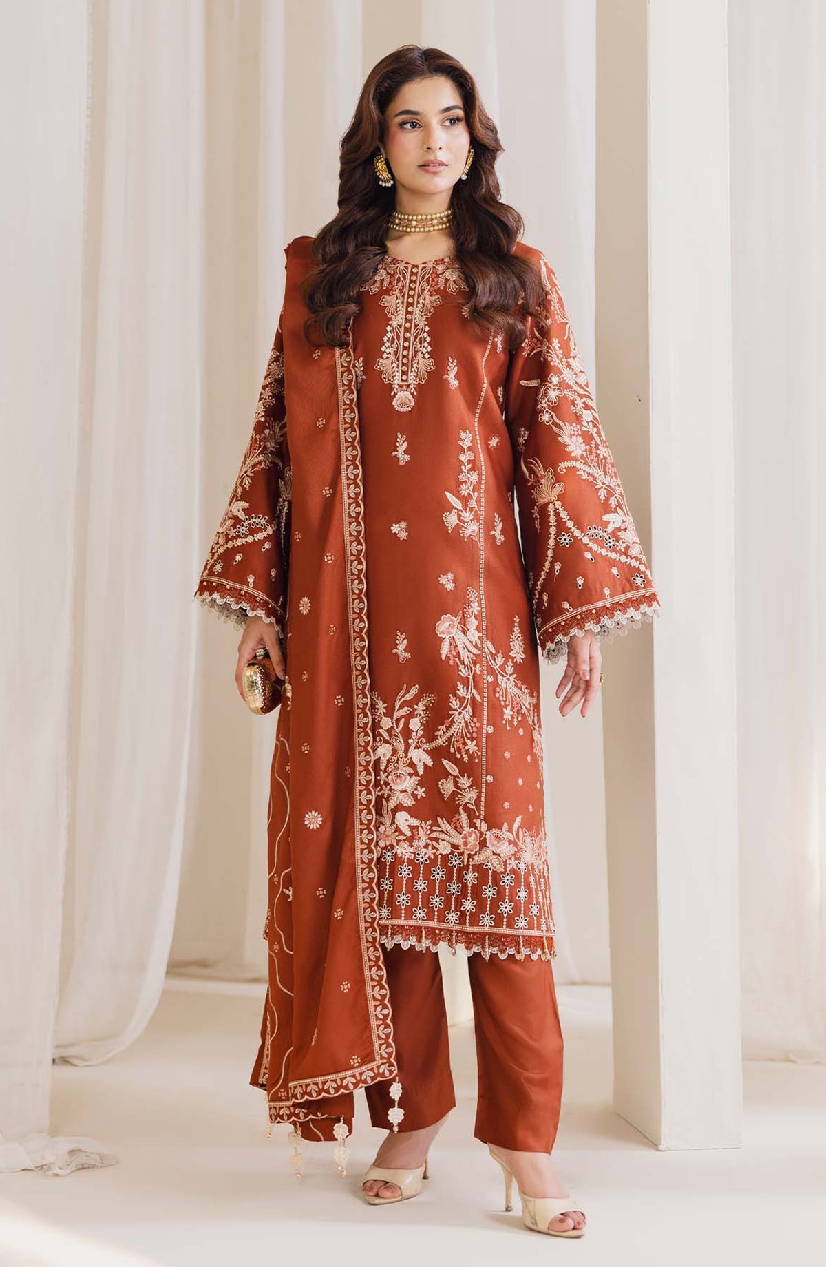 Peridot Embroidered Cotray Unstitched 3 Piece Suit - 593-A - PT26WT - Rust - Winter Collection