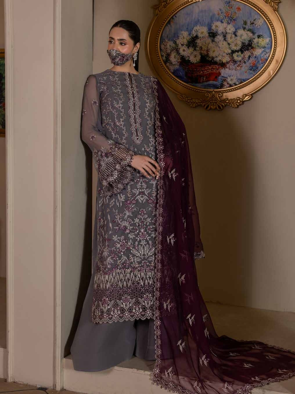 Kuch Khas By Flossie Chandani At Premium Chiffon 3pc Unstitched Suit - KKFCAK - D-09 - Grey