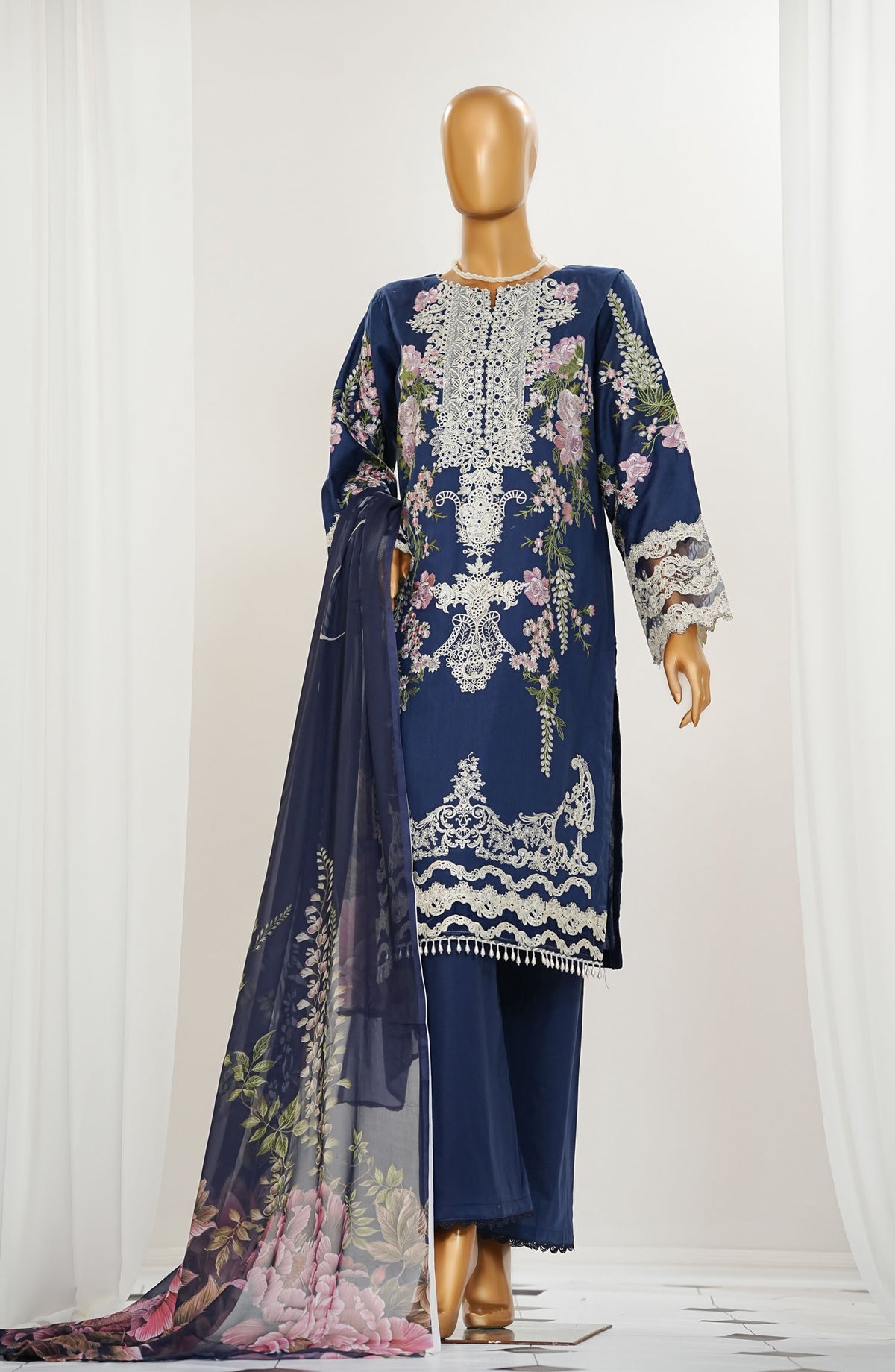Durnaz by Amna Khadija Embroidered Jacquard Lawn Stitched 3 Piece Suit - AM25DRN - ELE 05 - Dark Blue - Festive Collection