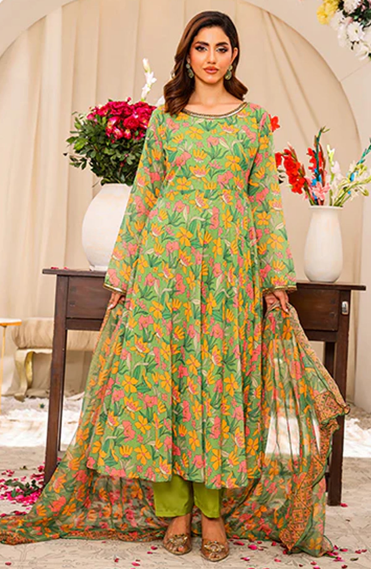 Nazmina Casual Chiffon Stitched 3 Piece Suit - Jardin Verdoyant FRT-103 - NAZ25REB - Green - Festive Collection