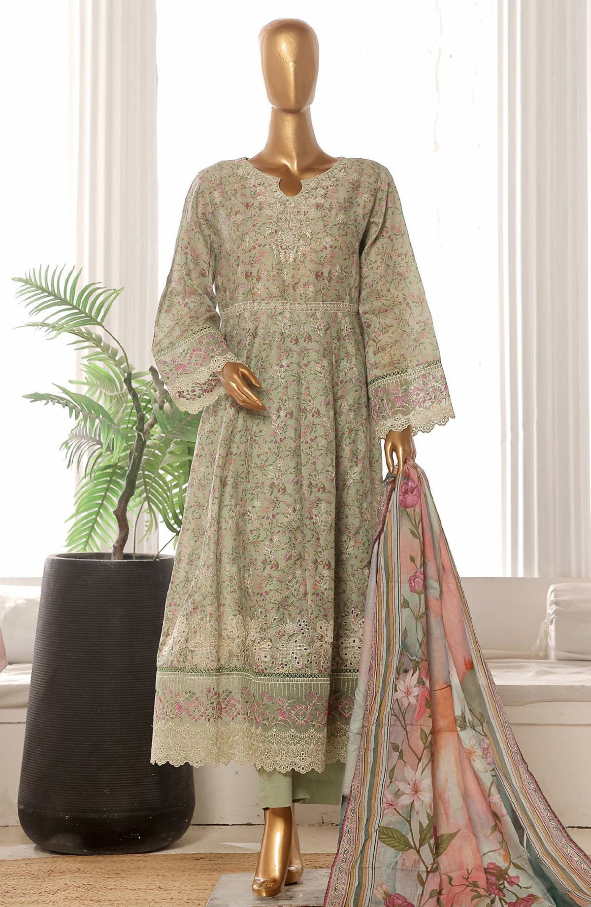 Bin Saeed Embroidered Lawn Stitched 3 Piece Frock - SM-765 - BS25LFV2 - Green - Summer Collection