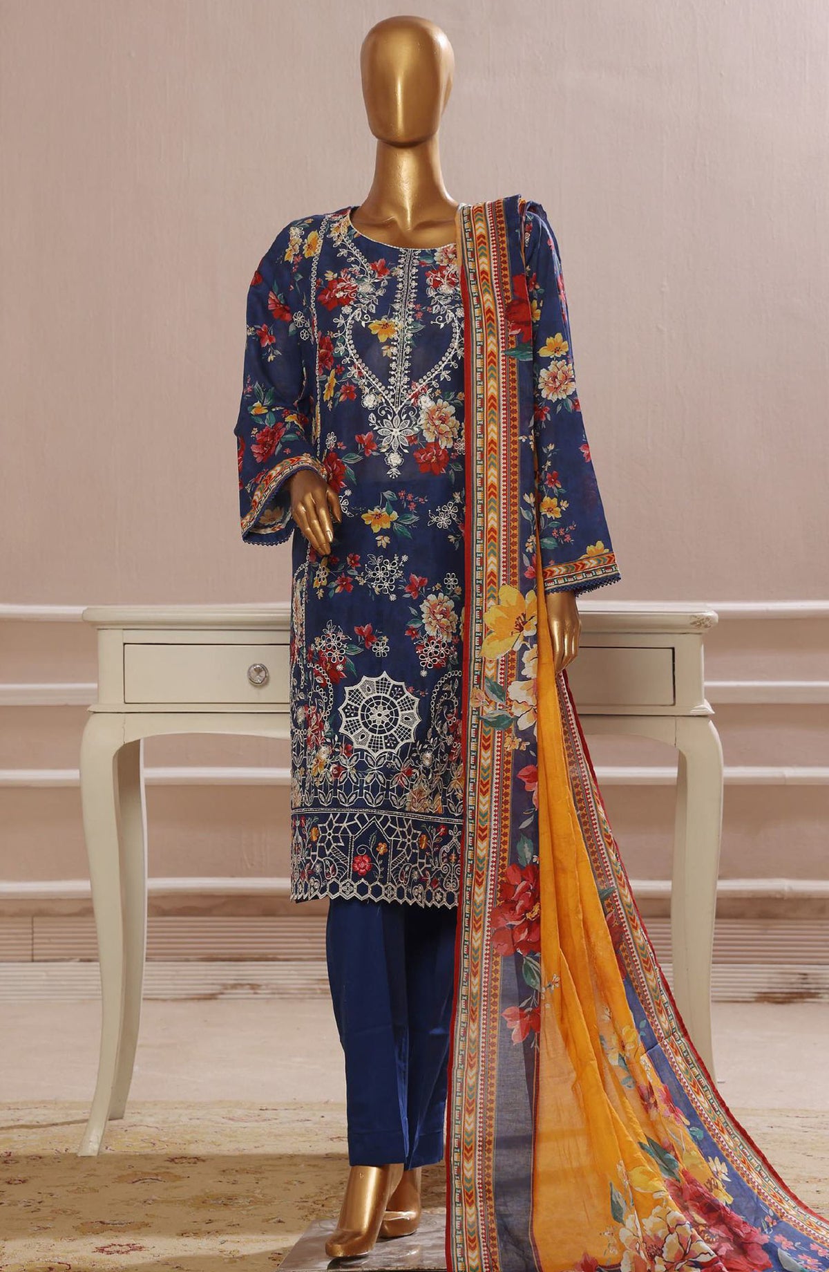 Bin Saeed Embroidered Lawn Stitched 3 Piece Suit - SM-768 - BS25EL3PCV5 - Blue - Summer Collection