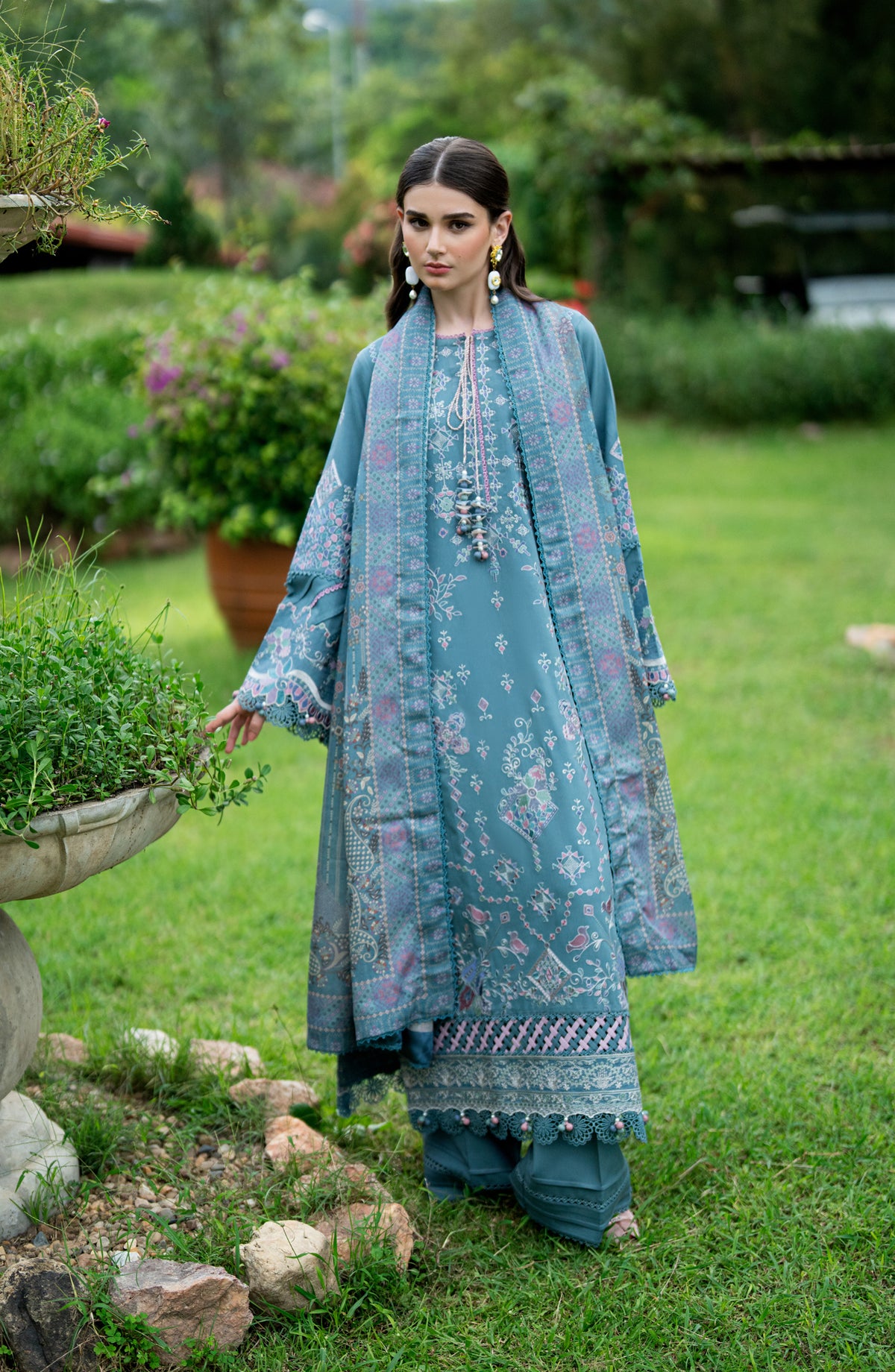 Florent Serenity Embroidered Marina Twill Unstitched 3 Piece Suit - 13 Hazel - FL26SNT - Blue - Winter Collection